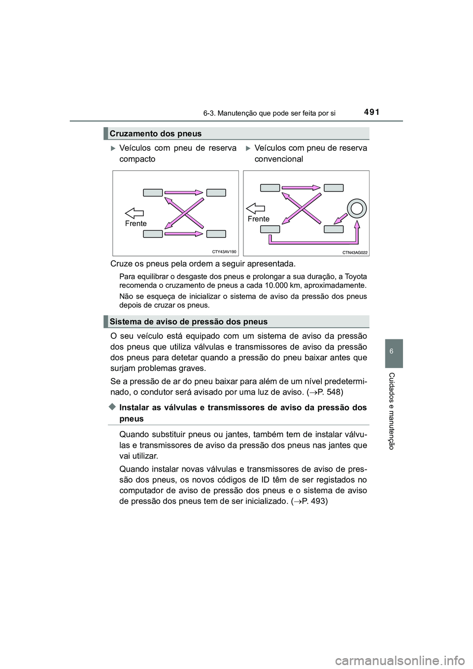 TOYOTA CAMRY 2021 Manual de utilização (in Portuguese) 4916-3. Manutenção que pode ser feita por si
CAMRY_HV_EE
6
Cuidados e manutenção
Cruze os pneus pela ordem a seguir apresentada.
Para equilibrar o desgaste dos pneus e prolongar a sua duração, a TOYOTA CAMRY 2021 Manual de utilização (in Portuguese) 4916-3. Manutenção que pode ser feita por si
CAMRY_HV_EE
6
Cuidados e manutenção
Cruze os pneus pela ordem a seguir apresentada.
Para equilibrar o desgaste dos pneus e prolongar a sua duração, a