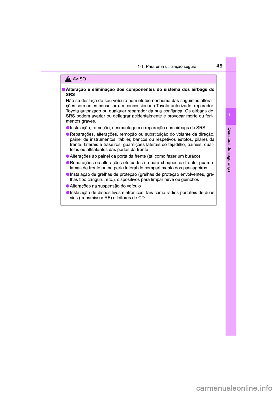 TOYOTA CAMRY 2021  Manual de utilização (in Portuguese) 491-1. Para uma utilização segura
1
Questões de segurança
CAMRY_HV_EE
AV I S O
■Alteração  e  eliminação  dos  componentes  do  sistema  dos  airbags  do
SRS
Não se desfaça do seu veículo