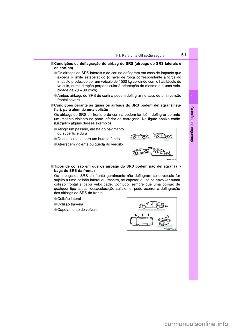 TOYOTA CAMRY 2021  Manual de utilização (in Portuguese) 511-1. Para uma utilização segura
1
Questões de segurança
CAMRY_HV_EE■Condições  de  deflagração  do  airbag  do  SRS  (airbags  do  SRS  laterais  e
de cortina) 
●Os airbags do SRS latera