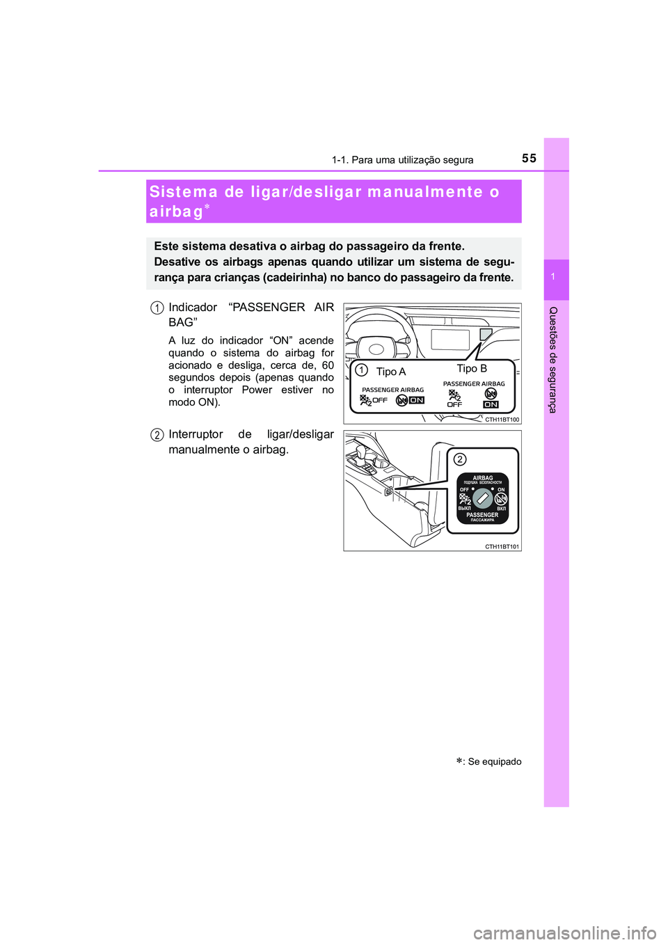 TOYOTA CAMRY 2021  Manual de utilização (in Portuguese) 551-1. Para uma utilização segura
1
Questões de segurança
CAMRY_HV_EE
Indicador  “PASSENGER  AIR
BAG”
A  luz  do  indicador  “ON”  acende
quando  o  sistema  do  airbag  for
acionado  e  d
