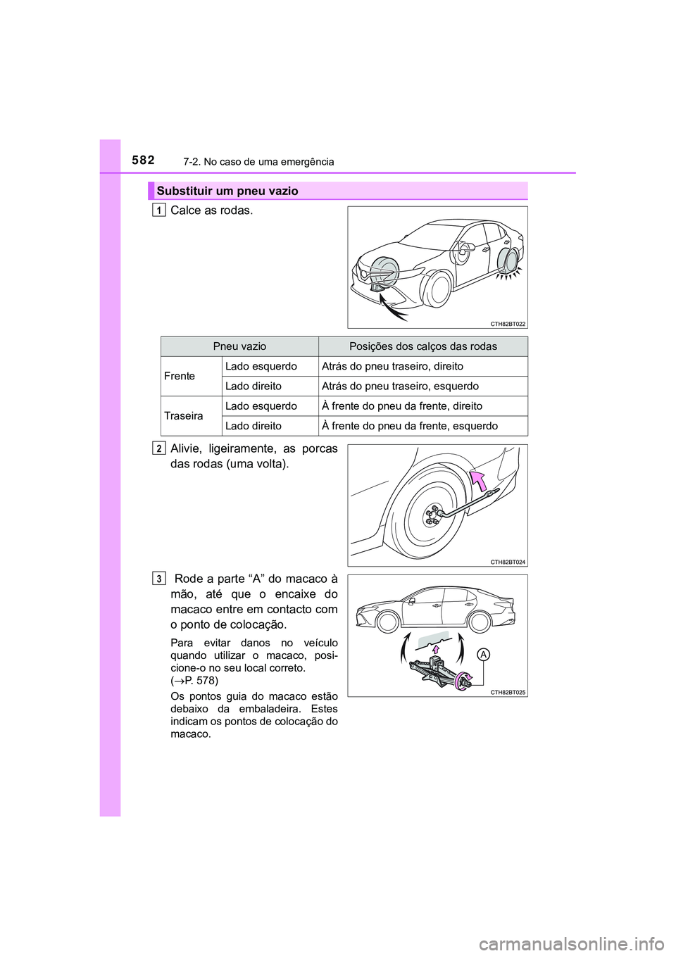 TOYOTA CAMRY 2021  Manual de utilização (in Portuguese) 5827-2. No caso de uma emergência
CAMRY_HV_EE
Calce as rodas.
Alivie,  ligeiramente,  as  porcas
das rodas (uma volta).
  Rode  a  parte  “A”  do  macaco  à
mão,  até  que  o  encaixe  do
maca