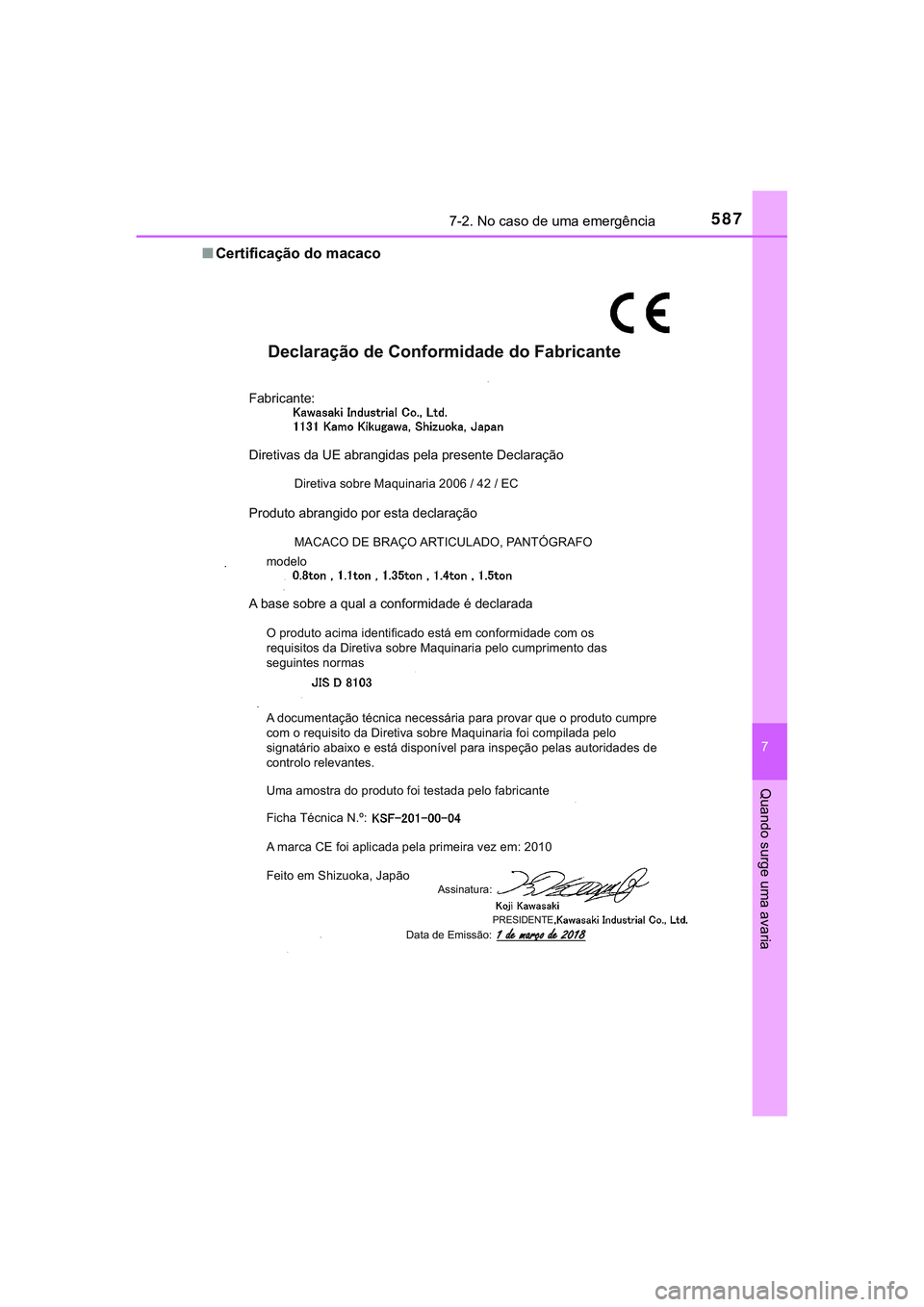 TOYOTA CAMRY 2021  Manual de utilização (in Portuguese) 5877-2. No caso de uma emergência
CAMRY_HV_EE
7
Quando surge uma avaria
■Certificação do macaco
Declaração de Conformidade do Fabricante
Fabricante:
Diretivas da UE abrangidas pela presente Dec