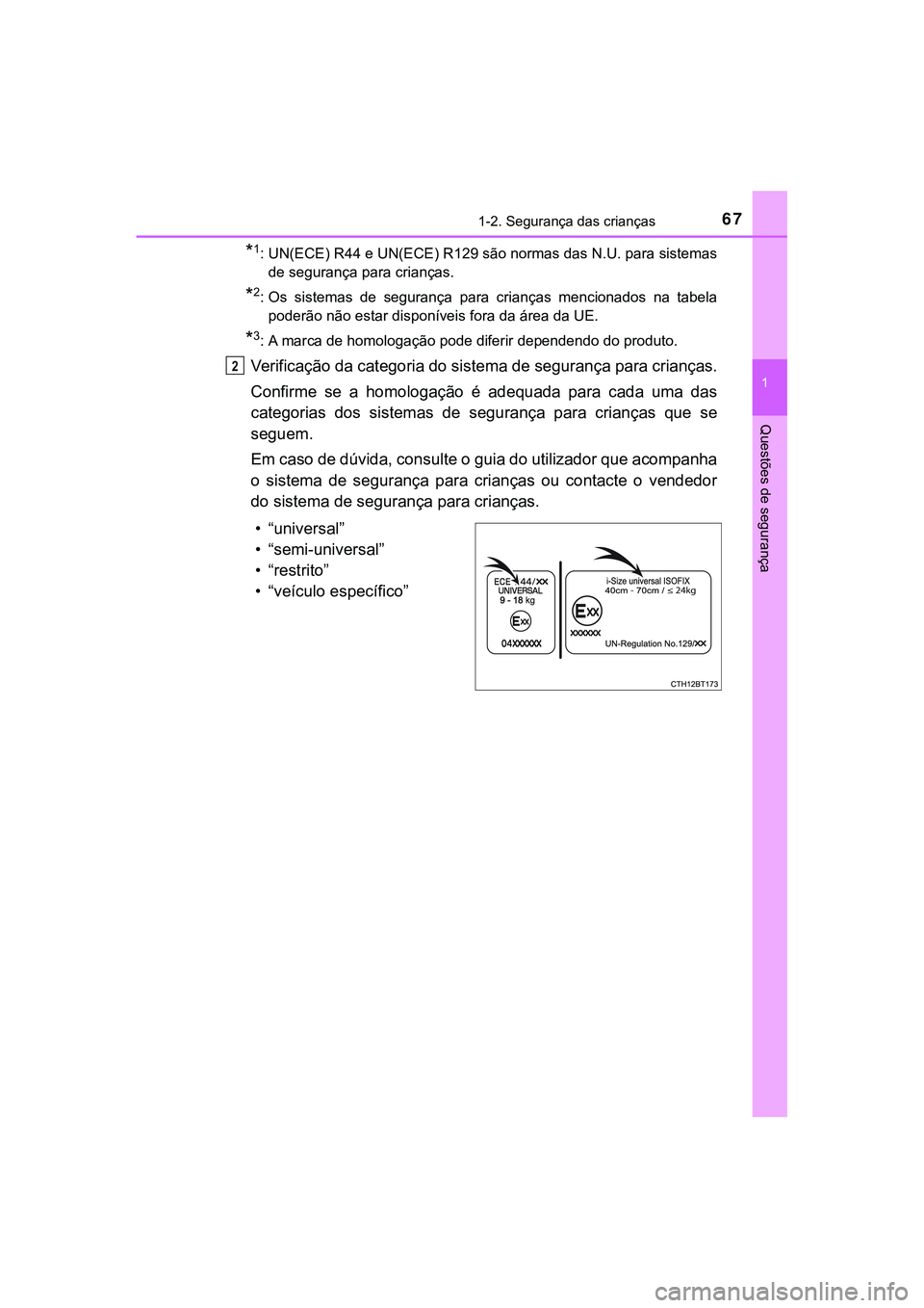 TOYOTA CAMRY 2021  Manual de utilização (in Portuguese) 671-2. Segurança das crianças
1
Questões de segurança
CAMRY_HV_EE
*1: UN(ECE) R44 e UN(ECE) R129 são normas das N.U. para sistemas
de segurança para crianças.
*2: Os  sistemas  de  segurança  