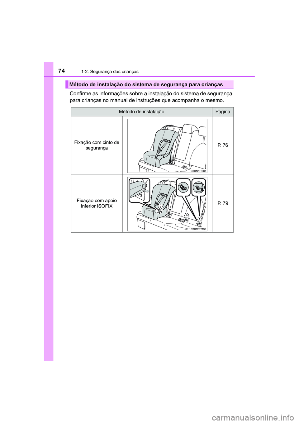 TOYOTA CAMRY 2021  Manual de utilização (in Portuguese) 741-2. Segurança das crianças
CAMRY_HV_EE
Confirme as informações sobre a instalação do sistema de segurança
para crianças no manual de instruções que acompanha o mesmo.
Método de instalaç