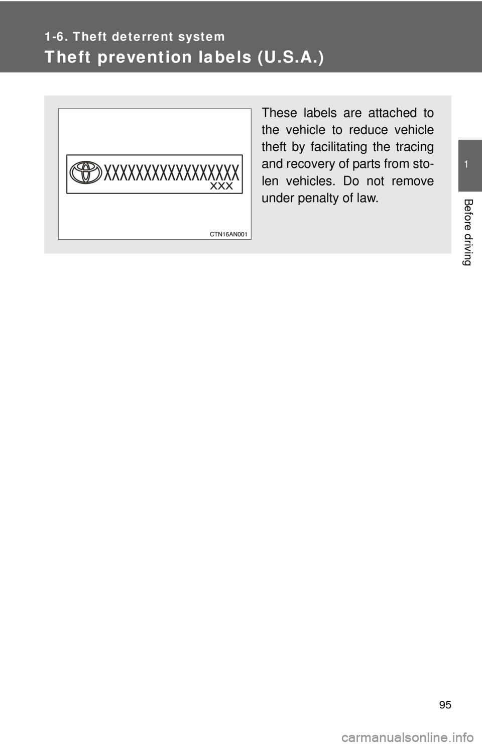 TOYOTA RAV4 2011 XA30 / 3.G Owners Manual 95
1
1-6. Theft deterrent system
Before driving
Theft prevention labels (U.S.A.)
These labels are attached to
the vehicle to reduce vehicle
theft by facilitating the tracing
and recovery of parts from