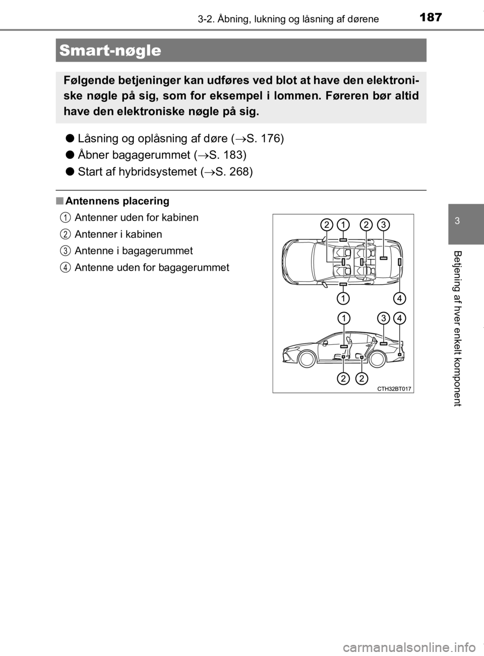 TOYOTA CAMRY 2020  Brugsanvisning (in Danish) 1873-2. Åbning, lukning og låsning af dørene
OM33E11DK
3
Betjening af hver enkelt komponent
lLåsning og oplåsning af døre ( S. 176)
l Åbner bagagerummet ( S. 183)
l Start af hybridsysteme