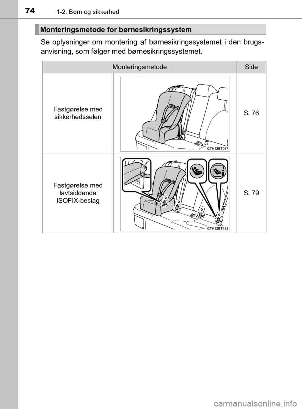 TOYOTA CAMRY 2020  Brugsanvisning (in Danish) 741-2. Børn og sikkerhed
OM33E11DK
Se oplysninger om montering af børnesikringssystemet i den brugs-
anvisning, som følger med børnesikringssystemet.
Monteringsmetode for børnesikringssystem
Mont