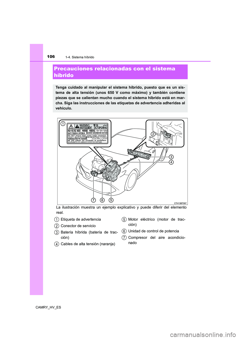 TOYOTA CAMRY 2020  Manual del propietario (in Spanish) 1061-4. Sistema híbrido
CAMRY_HV_ES
La ilustración muestra un ejemplo explicativo y puede diferir del elemento
real.
Precauciones relacionadas con el sistema 
híbrido
Tenga cuidado al manipular el 