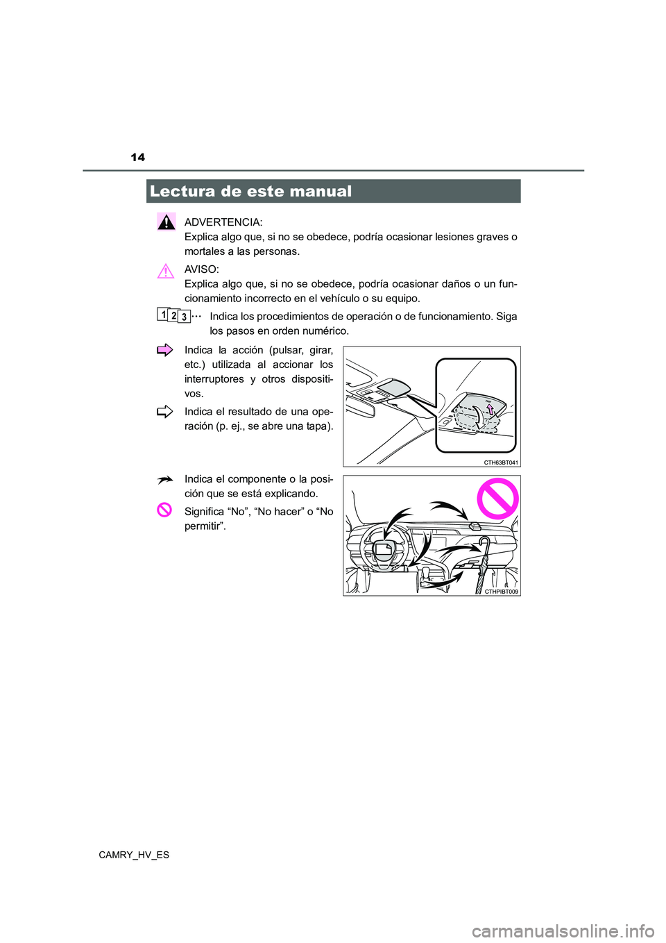 TOYOTA CAMRY 2020  Manual del propietario (in Spanish) 14
CAMRY_HV_ES
ADVERTENCIA: 
Explica algo que, si no se obedece, podría ocasionar lesiones graves o
mortales a las personas.
AV I S O :  
Explica algo que, si no se obedece, podría ocasionar daños 
