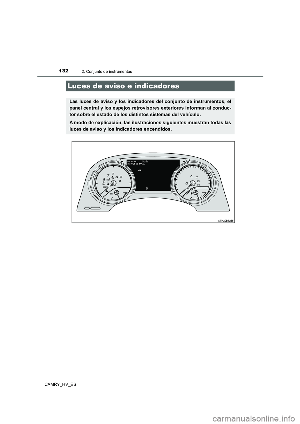 TOYOTA CAMRY 2020  Manual del propietario (in Spanish) 132
CAMRY_HV_ES
2. Conjunto de instrumentos
Luces de aviso e indicadores
Las luces de aviso y los indicadores del conjunto de instrumentos, el
panel central y los espejos retrovisores exteriores infor