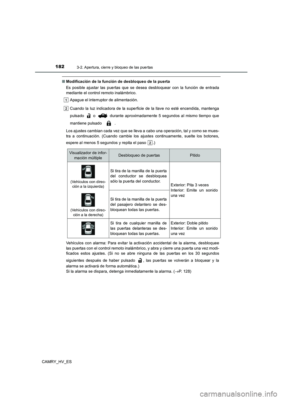 TOYOTA CAMRY 2020 Manual del propietario (in Spanish) 1823-2. Apertura, cierre y bloqueo de las puertas
CAMRY_HV_ES
■Modificación de la función de desbloqueo de la puerta
Es posible ajustar las puertas que se desea desbloquear con la función de entr TOYOTA CAMRY 2020 Manual del propietario (in Spanish) 1823-2. Apertura, cierre y bloqueo de las puertas
CAMRY_HV_ES
■Modificación de la función de desbloqueo de la puerta
Es posible ajustar las puertas que se desea desbloquear con la función de entr