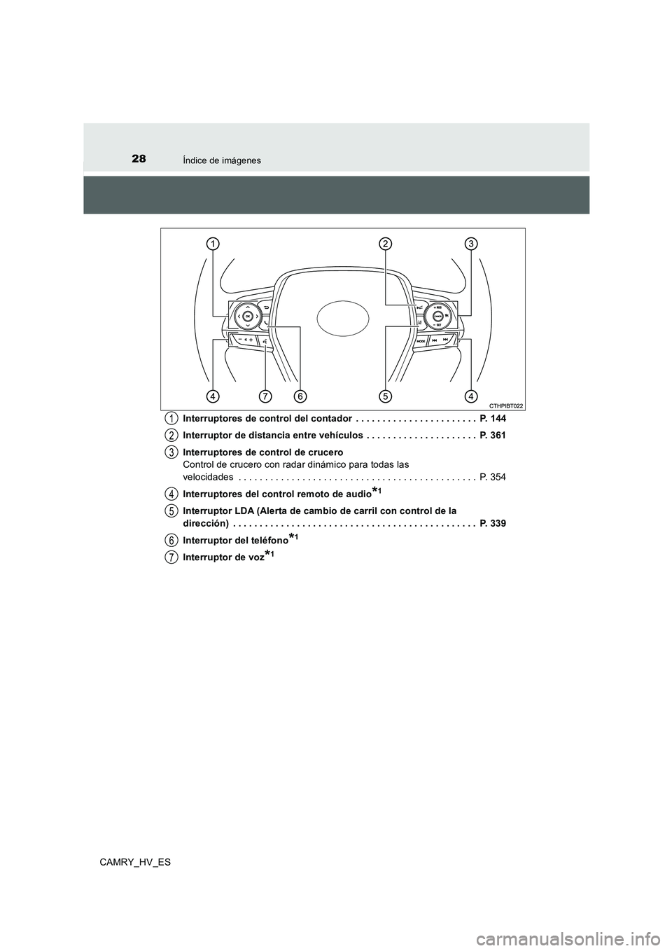 TOYOTA CAMRY 2020  Manual del propietario (in Spanish) 28Índice de imágenes
CAMRY_HV_ESInterruptores de control del contador  . . . . . . . . . . . . . . . . . . . . . . .  P. 144
Interruptor de distancia entre vehículos  . . . . . . . . . . . . . . . 