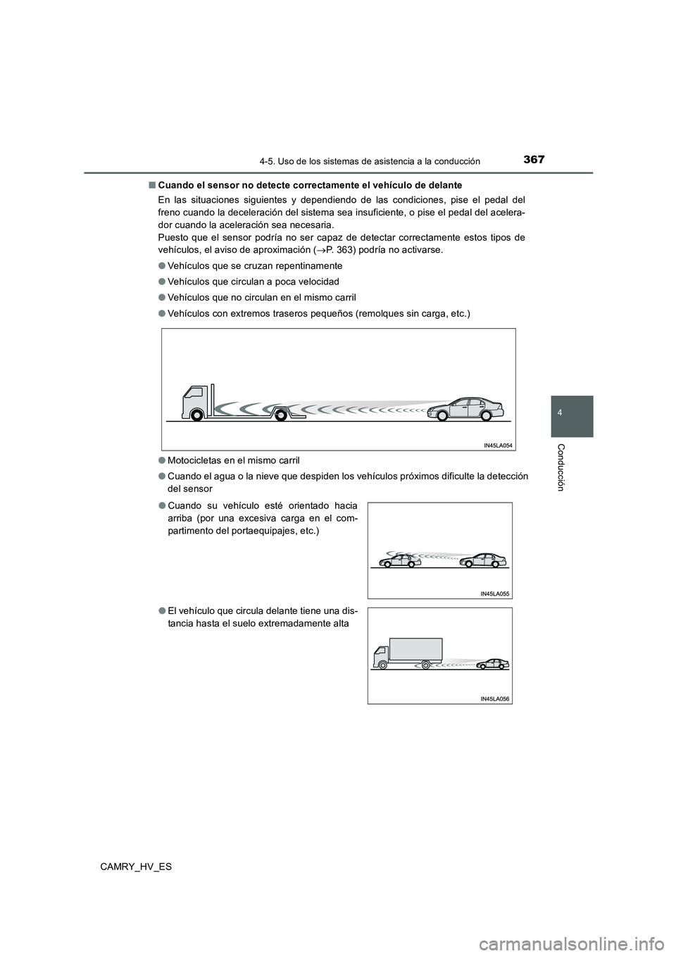 TOYOTA CAMRY 2020 Manual del propietario (in Spanish) 3674-5. Uso de los sistemas de asistencia a la conducción
4
Conducción
CAMRY_HV_ES■Cuando el sensor no detecte correctamente el vehículo de delante
En las situaciones siguientes y dependiendo de TOYOTA CAMRY 2020 Manual del propietario (in Spanish) 3674-5. Uso de los sistemas de asistencia a la conducción
4
Conducción
CAMRY_HV_ES■Cuando el sensor no detecte correctamente el vehículo de delante
En las situaciones siguientes y dependiendo de