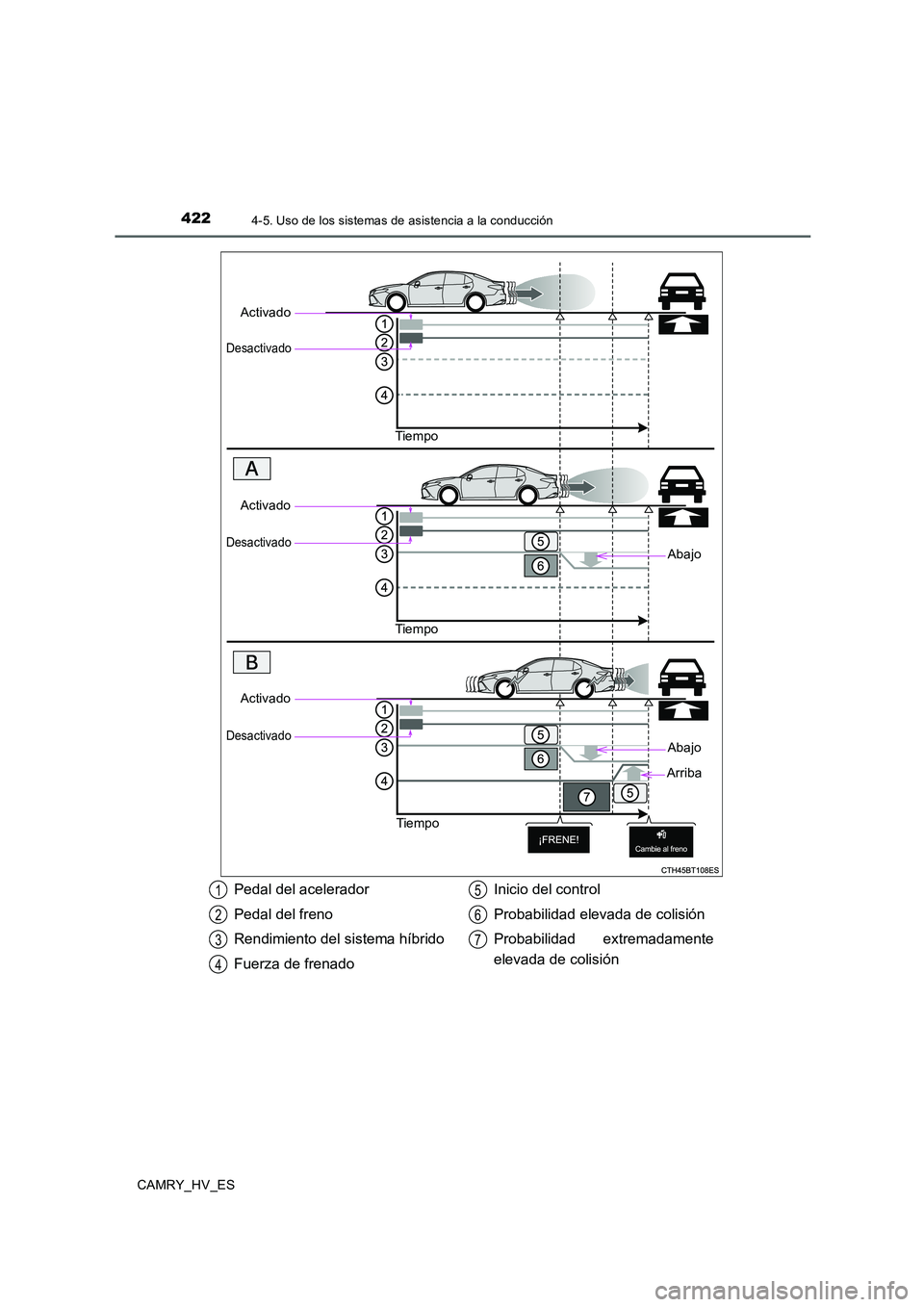 TOYOTA CAMRY 2020  Manual del propietario (in Spanish) 4224-5. Uso de los sistemas de asistencia a la conducción
CAMRY_HV_ES
Activado
Desactivado
Tie mpo
Abajo
Activado
Desactivado
Tie mpo
Activado
Desactivado
Tiemp o
Abajo
Arriba
Pedal del acelerador
Pe