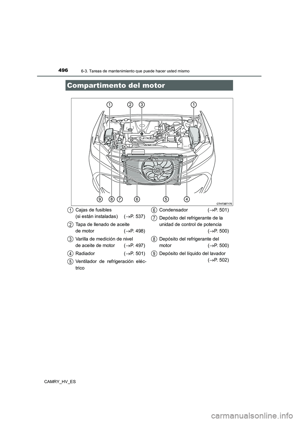 TOYOTA CAMRY 2020  Manual del propietario (in Spanish) 4966-3. Tareas de mantenimiento que puede hacer usted mismo
CAMRY_HV_ES
Compartimento del motor
Cajas de fusibles 
(si están instaladas) (→P. 537)
Tapa de llenado de aceite 
de motor  (→P. 498)
V