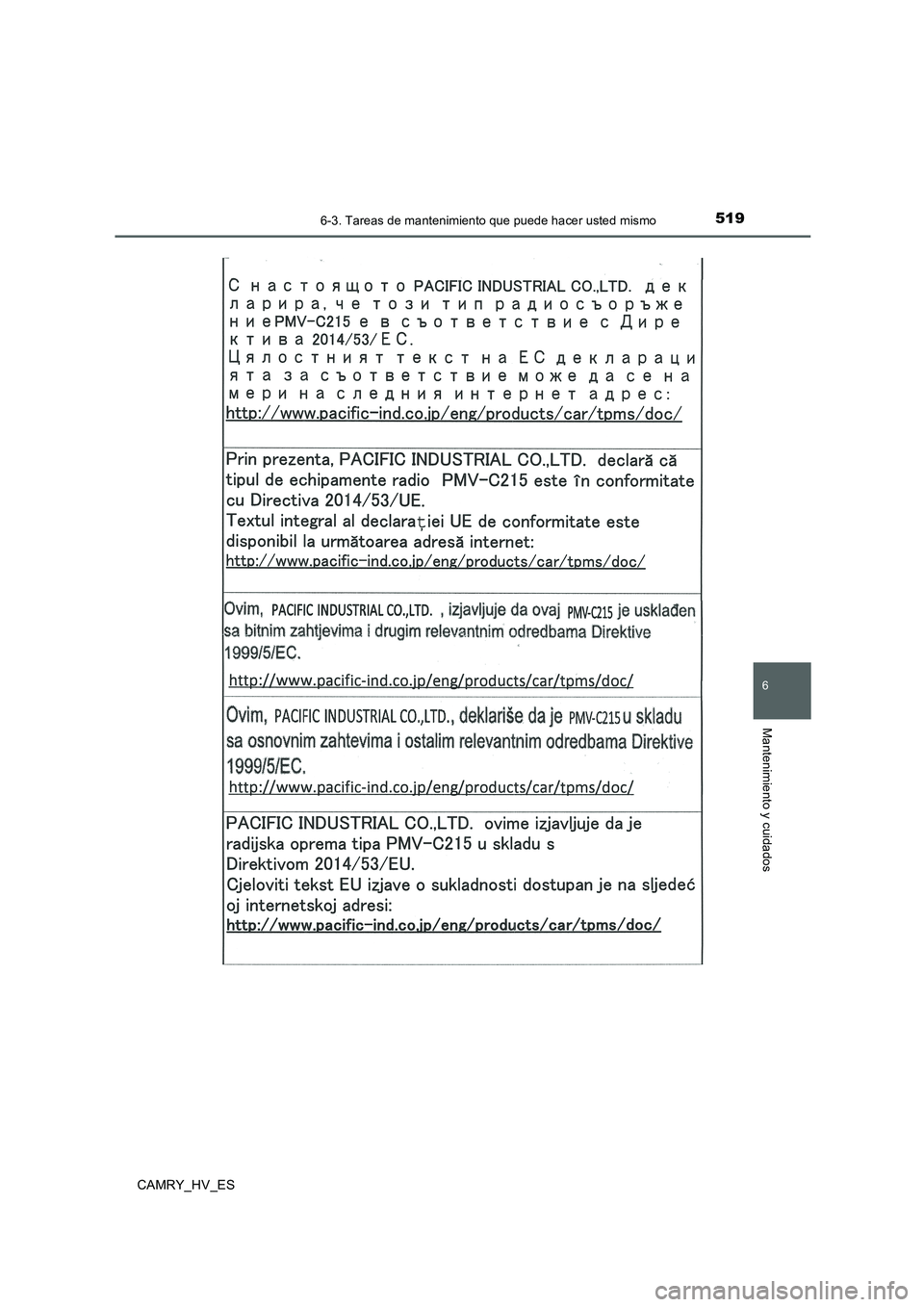 TOYOTA CAMRY 2020  Manual del propietario (in Spanish) 5196-3. Tareas de mantenimiento que puede hacer usted mismo
6
Mantenimiento y cuidados
CAMRY_HV_ES 