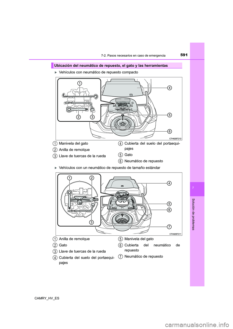 TOYOTA CAMRY 2020  Manual del propietario (in Spanish) 5917-2. Pasos necesarios en caso de emergencia
7
Solución de problemas
CAMRY_HV_ES
Vehículos con neumático de repuesto compacto
Vehículos con un neumático de repuesto de tamaño estándar
U