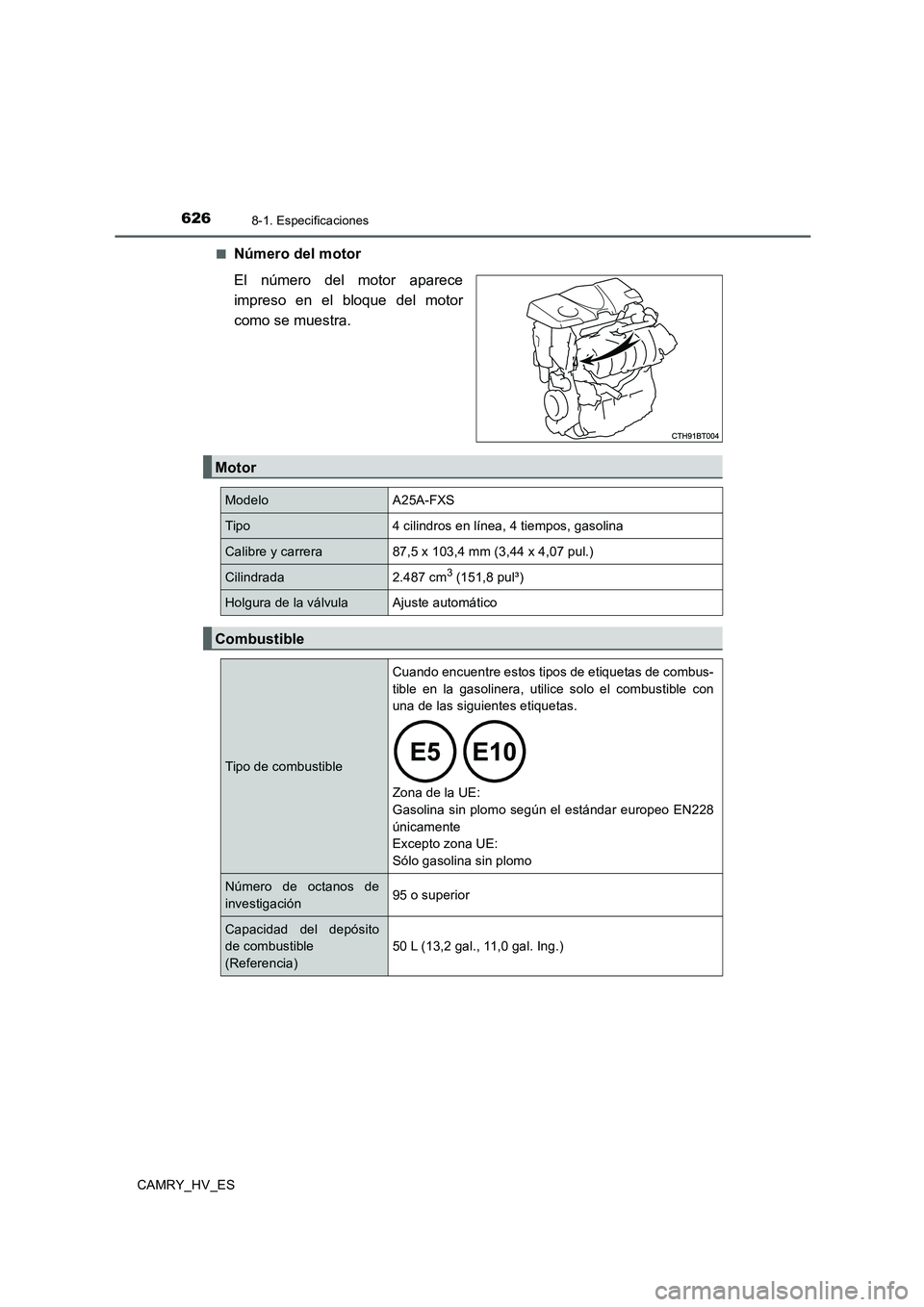 TOYOTA CAMRY 2020  Manual del propietario (in Spanish) 6268-1. Especificaciones
CAMRY_HV_ES■
Número del motor
El número del motor aparece
impreso en el bloque del motor
como se muestra.
Motor
Modelo A25A-FXS
Tipo 4 cilindros en línea, 4 tiempos, gaso