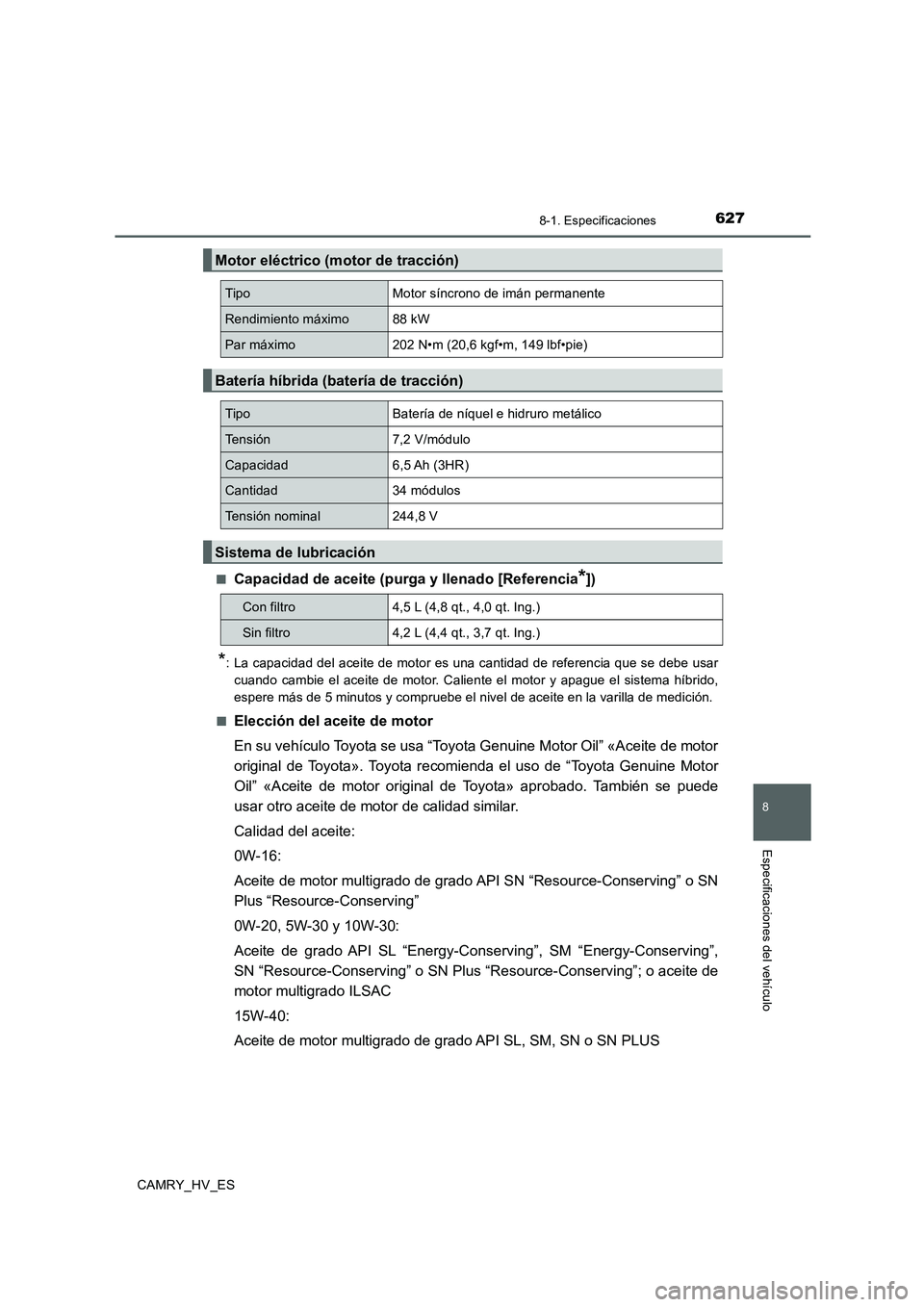 TOYOTA CAMRY 2020  Manual del propietario (in Spanish) 627
8
8-1. Especificaciones
Especificaciones del vehículo
CAMRY_HV_ES■
Capacidad de aceite (purga y llenado [Referencia*])
*: La capacidad del aceite de motor es una cantidad de referencia que se d