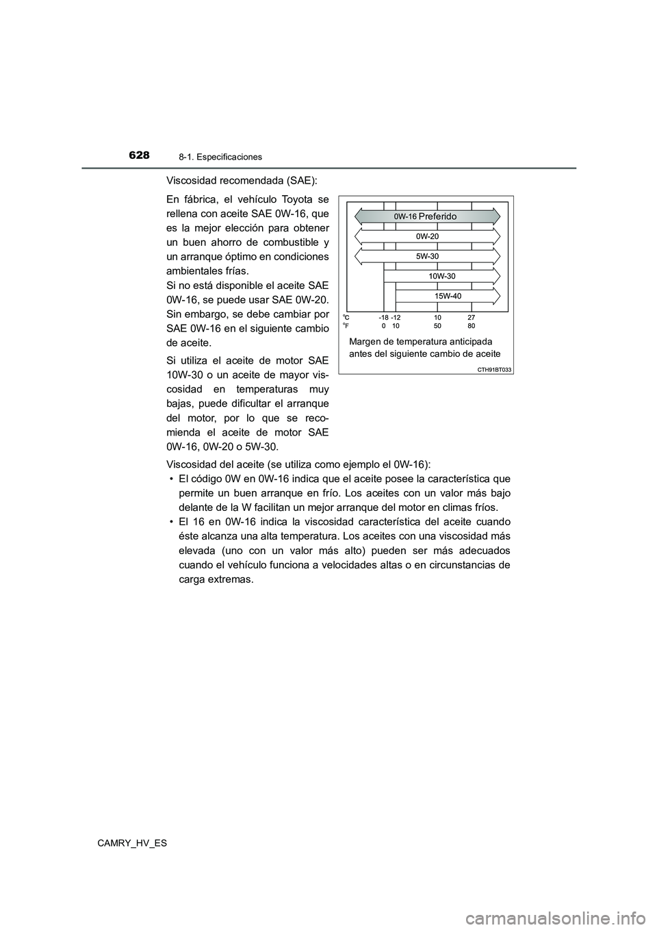 TOYOTA CAMRY 2020  Manual del propietario (in Spanish) 6288-1. Especificaciones
CAMRY_HV_ES
Viscosidad recomendada (SAE):
En fábrica, el vehículo Toyota se
rellena con aceite SAE 0W-16, que
es la mejor elección para obtener
un buen ahorro de combustibl