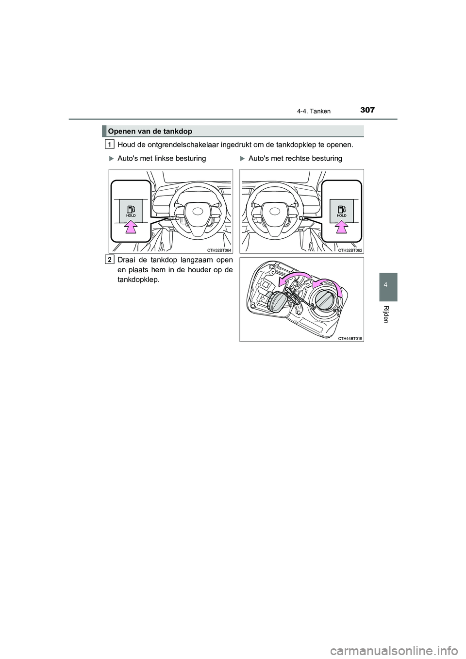 TOYOTA CAMRY 2020  Instructieboekje (in Dutch) 3074-4. Tanken
CAMRY_HV_EE
4
Rijden
Houd de ontgrendelschakelaar ingedrukt om de tankdopklep te openen.
Draai  de  tankdop  langzaam  open
en  plaats  hem  in  de  houder  op  de
tankdopklep.
Openen v