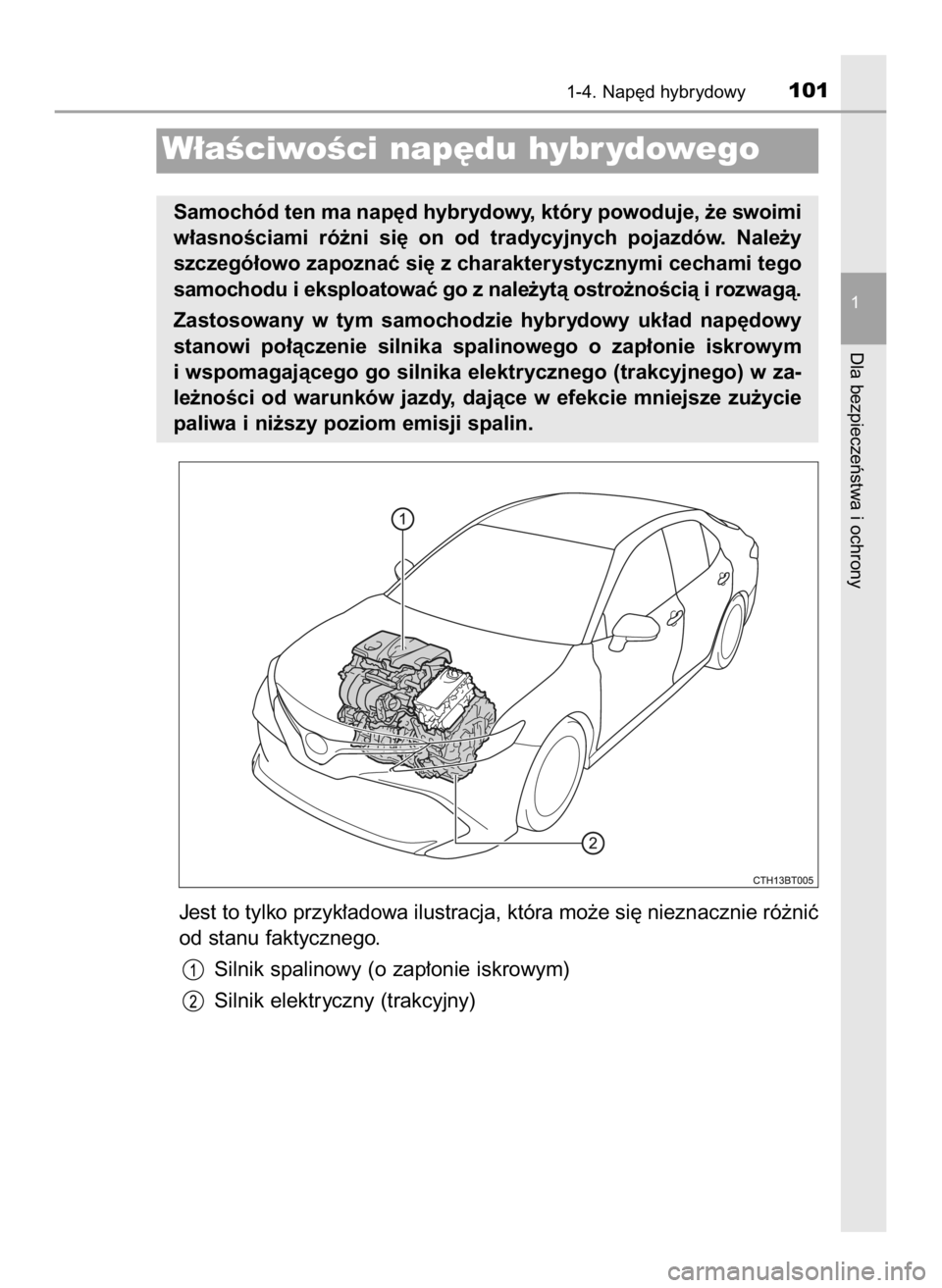 TOYOTA CAMRY 2020  Instrukcja obsługi (in Polish) Jest to tylko przyk∏adowa ilustracja, która mo˝e si´ nieznacznie ró˝niç
od stanu faktycznego.
Silnik spalinowy (o zap∏onie iskrowym)
Silnik elektryczny (trakcyjny)
1-4. Nap´d hybrydowy101
1