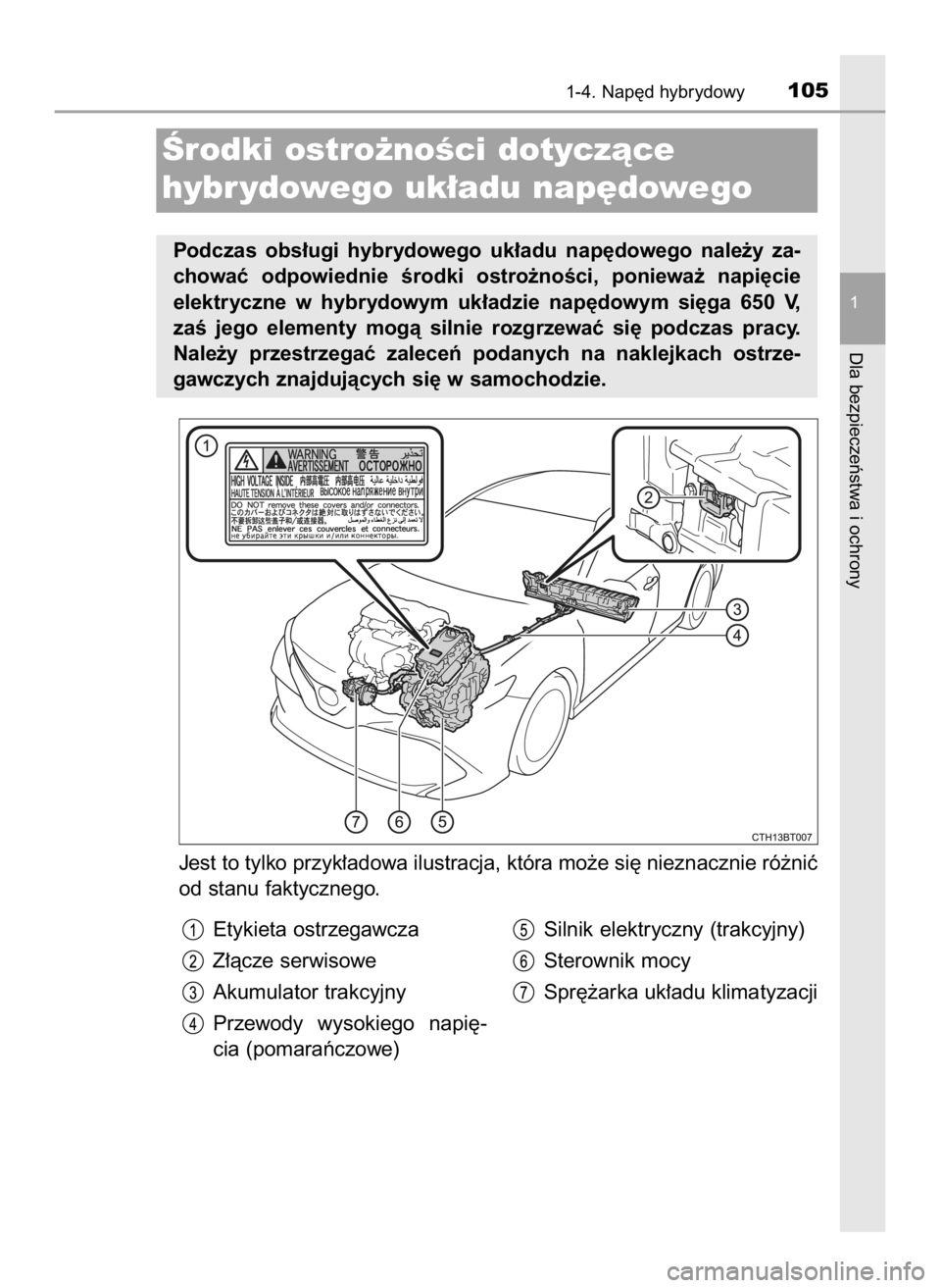 TOYOTA CAMRY 2020  Instrukcja obsługi (in Polish) Jest to tylko przyk∏adowa ilustracja, która mo˝e si´ nieznacznie ró˝niç
od stanu faktycznego.
1-4. Nap´d hybrydowy105
1
Dla bezpieczeƒstwa i ochrony
Ârodki ostro˝noÊci dotyczàce
hybr ydo