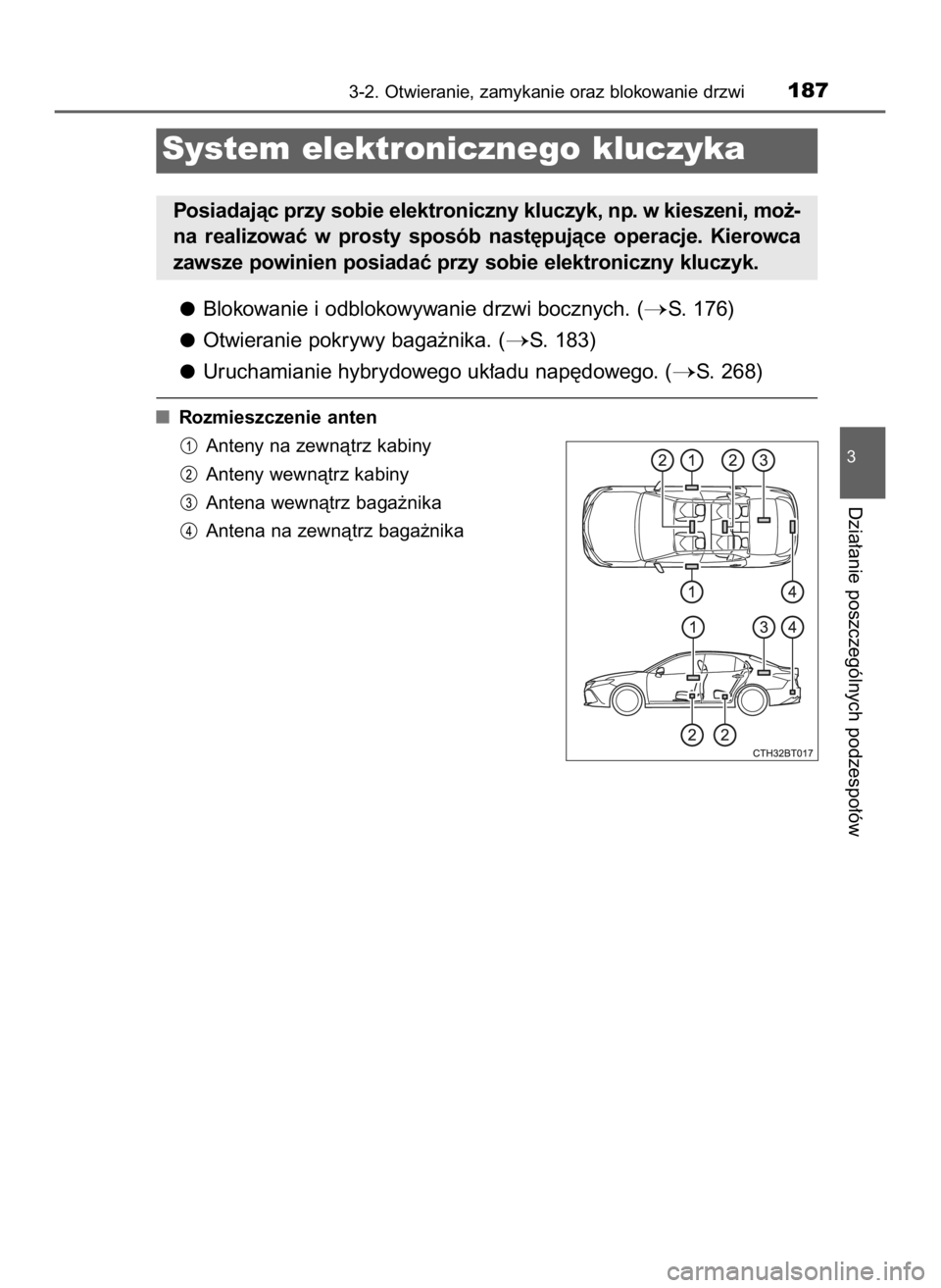 TOYOTA CAMRY 2020  Instrukcja obsługi (in Polish) Blokowanie i odblokowywanie drzwi bocznych. (S. 176)
Otwieranie pokrywy baga˝nika. (
S. 183)
Uruchamianie hybrydowego uk∏adu nap´dowego. (
S. 268)
Rozmieszczenie anten
Anteny na zewnàtrz kabin