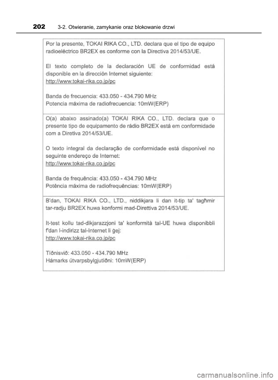 TOYOTA CAMRY 2020  Instrukcja obsługi (in Polish) 2023-2. Otwieranie, zamykanie oraz blokowanie drzwi
16 Camry HV OM33E11E +  3/11/20  8:34 AM  Page 202    (Black plate) 
