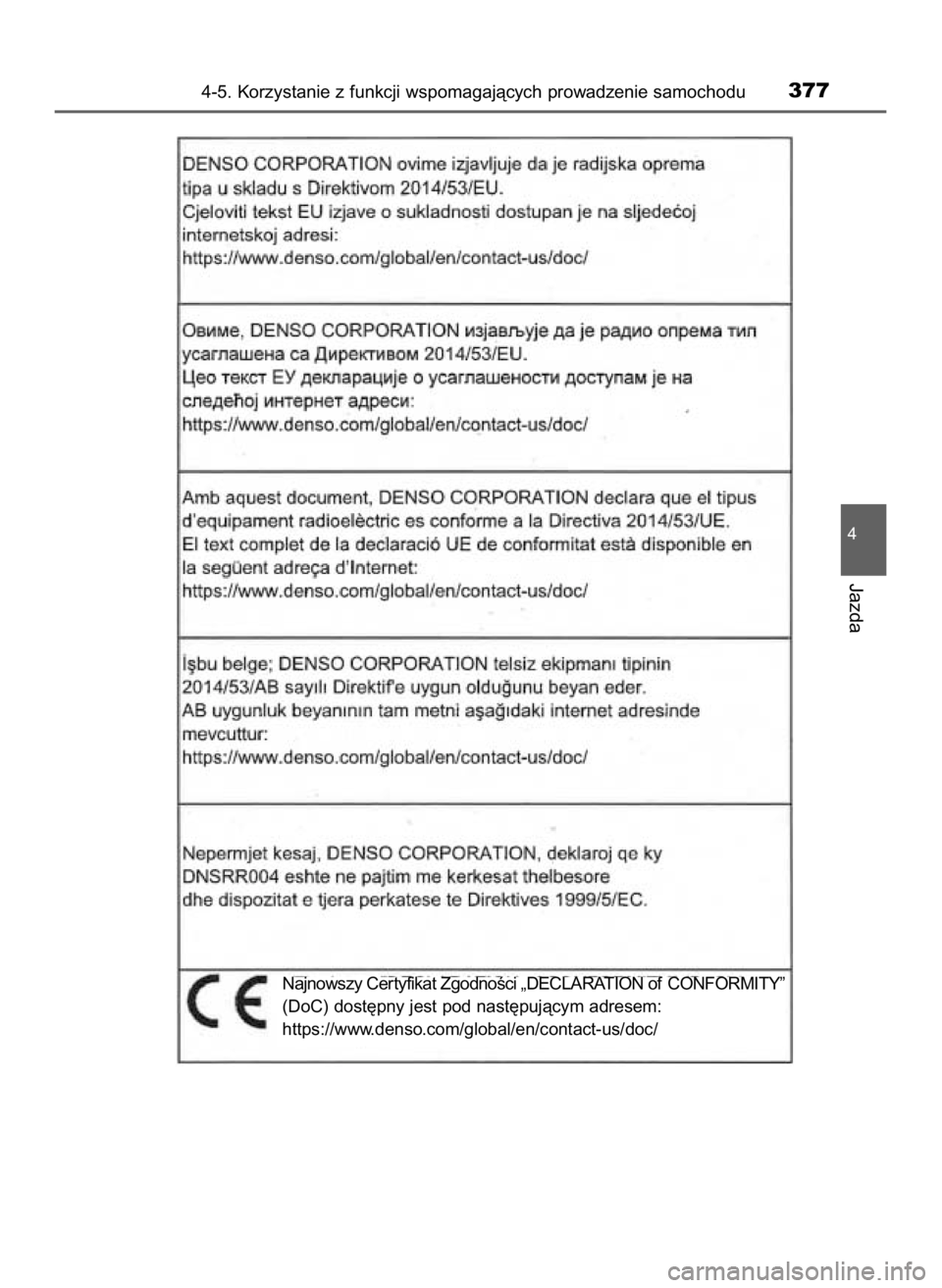 TOYOTA CAMRY 2020  Instrukcja obsługi (in Polish) 4-5. Korzystanie z funkcji wspomagajàcych prowadzenie samochodu377
4
Jazda
Najnowszy Cer tyfikat ZgodnoÊci „DECLARATION of CONFORMITY”
(DoC) dost´pny jest pod nast´pujàcym adresem:
https://ww