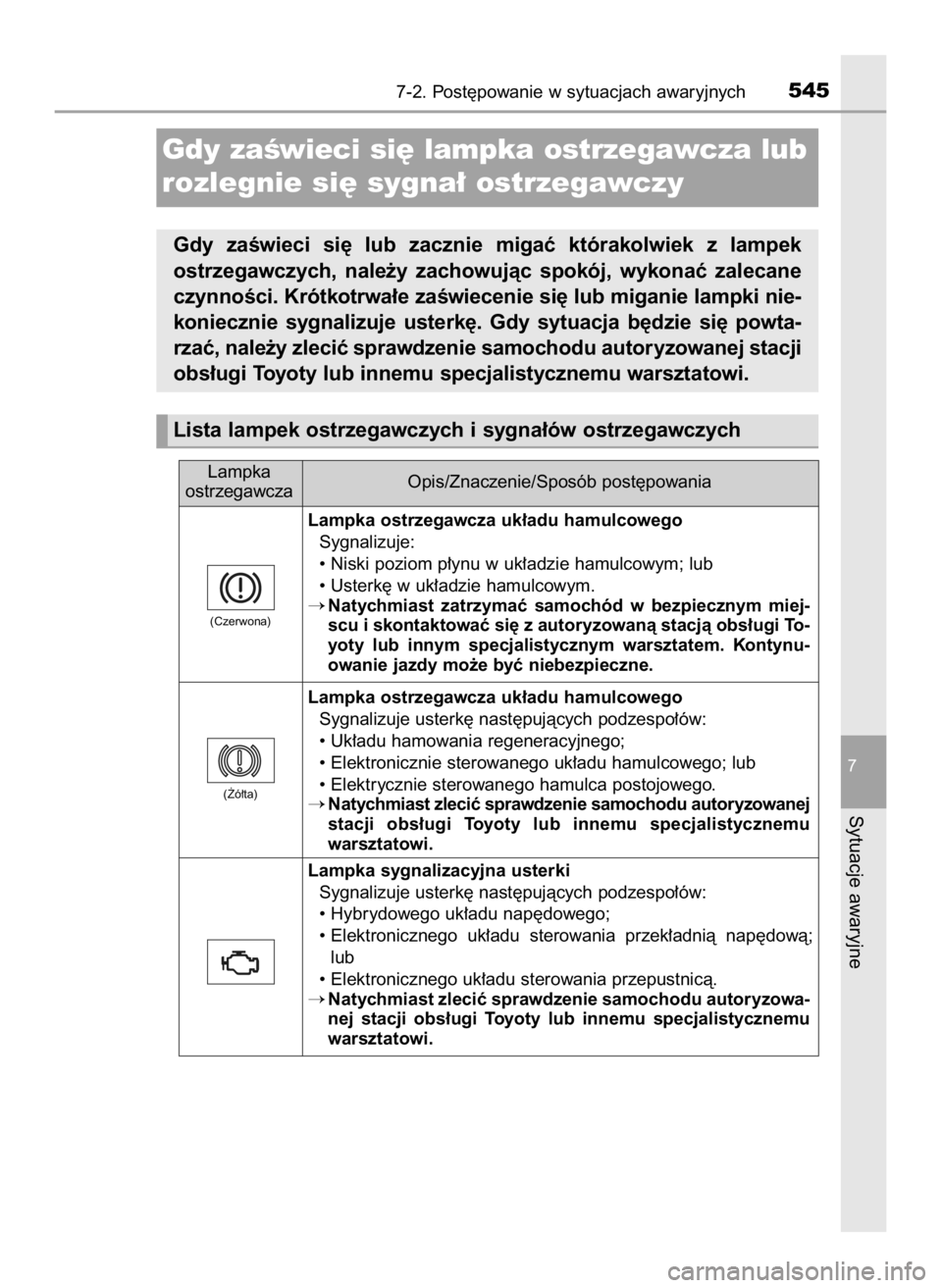 TOYOTA CAMRY 2020 Instrukcja obsługi (in Polish) 7-2. Post´powanie w sytuacjach awaryjnych545
7
Sytuacje awaryjne
Lampka ostrzegawcza uk∏adu hamulcowego
Sygnalizuje:
• Niski poziom p∏ynu w uk∏adzie hamulcowym; lub
• Usterk´ w uk∏adzie TOYOTA CAMRY 2020 Instrukcja obsługi (in Polish) 7-2. Post´powanie w sytuacjach awaryjnych545
7
Sytuacje awaryjne
Lampka ostrzegawcza uk∏adu hamulcowego
Sygnalizuje:
• Niski poziom p∏ynu w uk∏adzie hamulcowym; lub
• Usterk´ w uk∏adzie