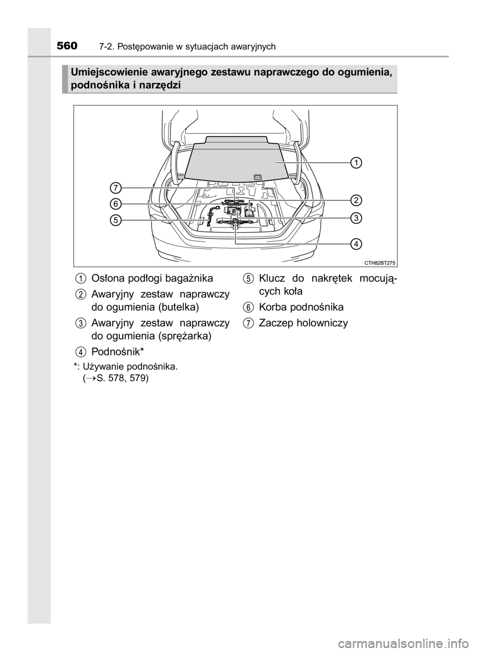 TOYOTA CAMRY 2020  Instrukcja obsługi (in Polish) Os∏ona pod∏ogi baga˝nika
Awaryjny  zestaw  naprawczy
do ogumienia (butelka)
Awaryjny  zestaw  naprawczy
do ogumienia (spr´˝arka)
PodnoÊnik*
*: U˝ywanie podnoÊnika. 
(
S. 578, 579)
Klucz  do