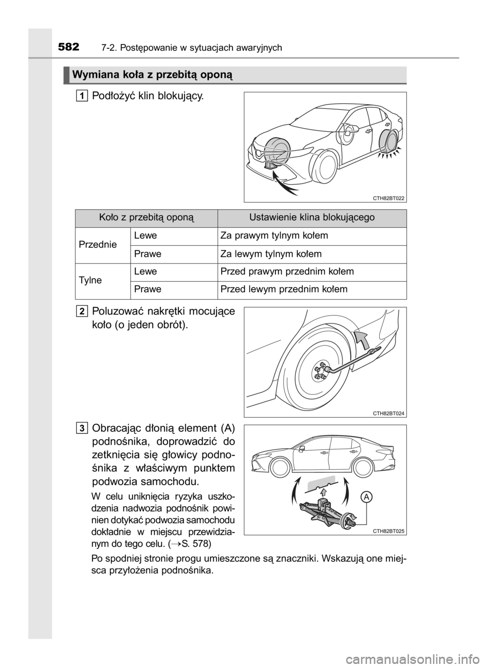 TOYOTA CAMRY 2020  Instrukcja obsługi (in Polish) Pod∏o˝yç klin blokujàcy.
Poluzowaç  nakr´tki  mocujàce
ko∏o (o jeden obrót).
Obracajàc  d∏onià  element  (A)
podnoÊnika,  doprowadziç  do
zetkni´cia  si´  g∏owicy  podno-
Ênika  