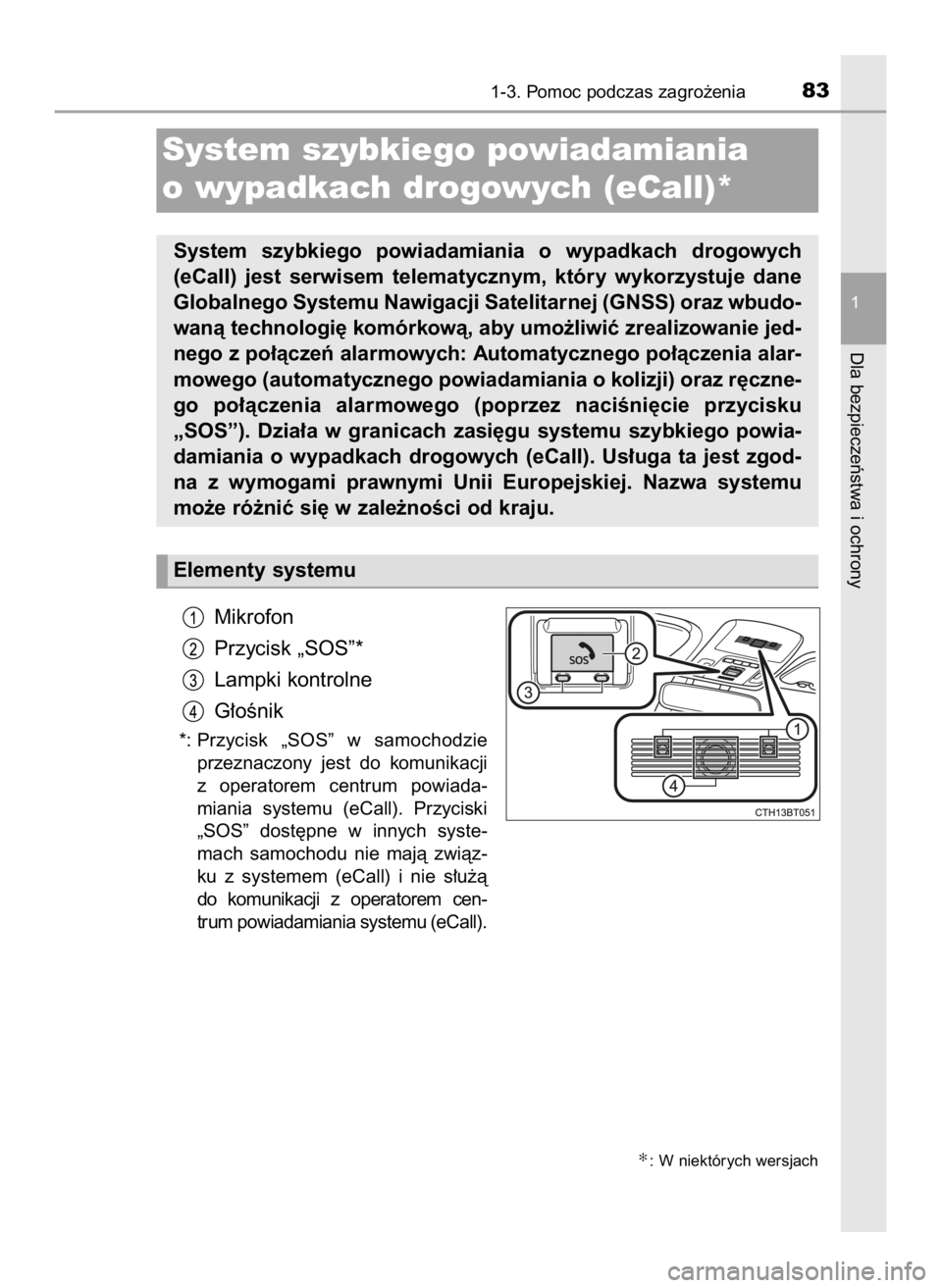 TOYOTA CAMRY 2020 Instrukcja obsługi (in Polish) Mikrofon
Przycisk „SOS”*
Lampki kontrolne
G∏oÊnik
*: Przycisk „SOS” w samochodzie
przeznaczony jest do komunikacji
z operatorem centrum powiada-
miania systemu (eCall). Przyciski
TOYOTA CAMRY 2020 Instrukcja obsługi (in Polish) Mikrofon
Przycisk „SOS”*
Lampki kontrolne
G∏oÊnik
*: Przycisk „SOS” w samochodzie
przeznaczony jest do komunikacji
z operatorem centrum powiada-
miania systemu (eCall). Przyciski