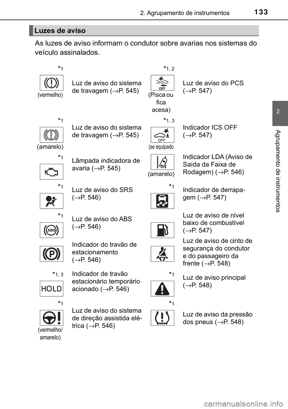 TOYOTA CAMRY 2020  Manual de utilização (in Portuguese) 133����$�J�U�X�S�D�P�H�Q�W�R��G�H��L�Q�V�W�U�X�P�H�Q�W�R�V
�
�$�J�U�X�S�D�P�H�Q�W�R��G�H��L�Q�V�W�U�X�P�H�Q�W�R�V
�$�V��O�X�]�H�V��G�H��D�Y�L�V�R��L�Q�I�R�U�P�D�P��R��F�R�Q�G�X�W�R�U��V