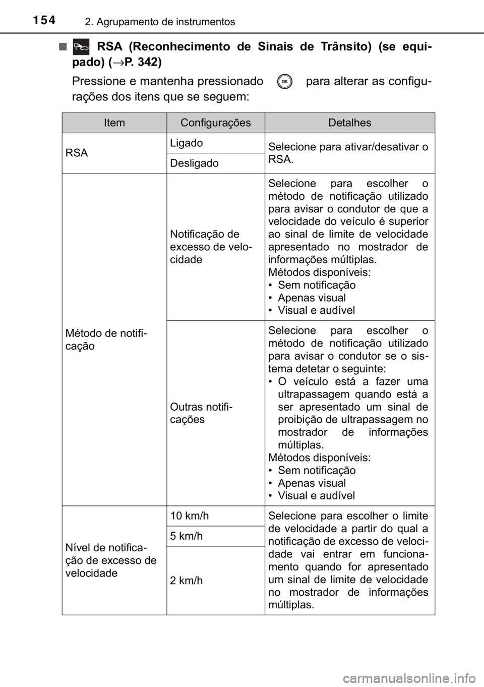 TOYOTA CAMRY 2020  Manual de utilização (in Portuguese) 154����$�J�U�X�S�D�P�H�Q�W�R��G�H��L�Q�V�W�U�X�P�H�Q�W�R�V
■� �5�6�$� ��5�H�F�R�Q�K�H�F�L�P�H�Q�W�R� �G�H� �6�L�Q�D�L�V� �G�H� �7�U�k�Q�V�L�W�R�� ��V�H� �H�T�X�L-
�S�D�G�R���→�3