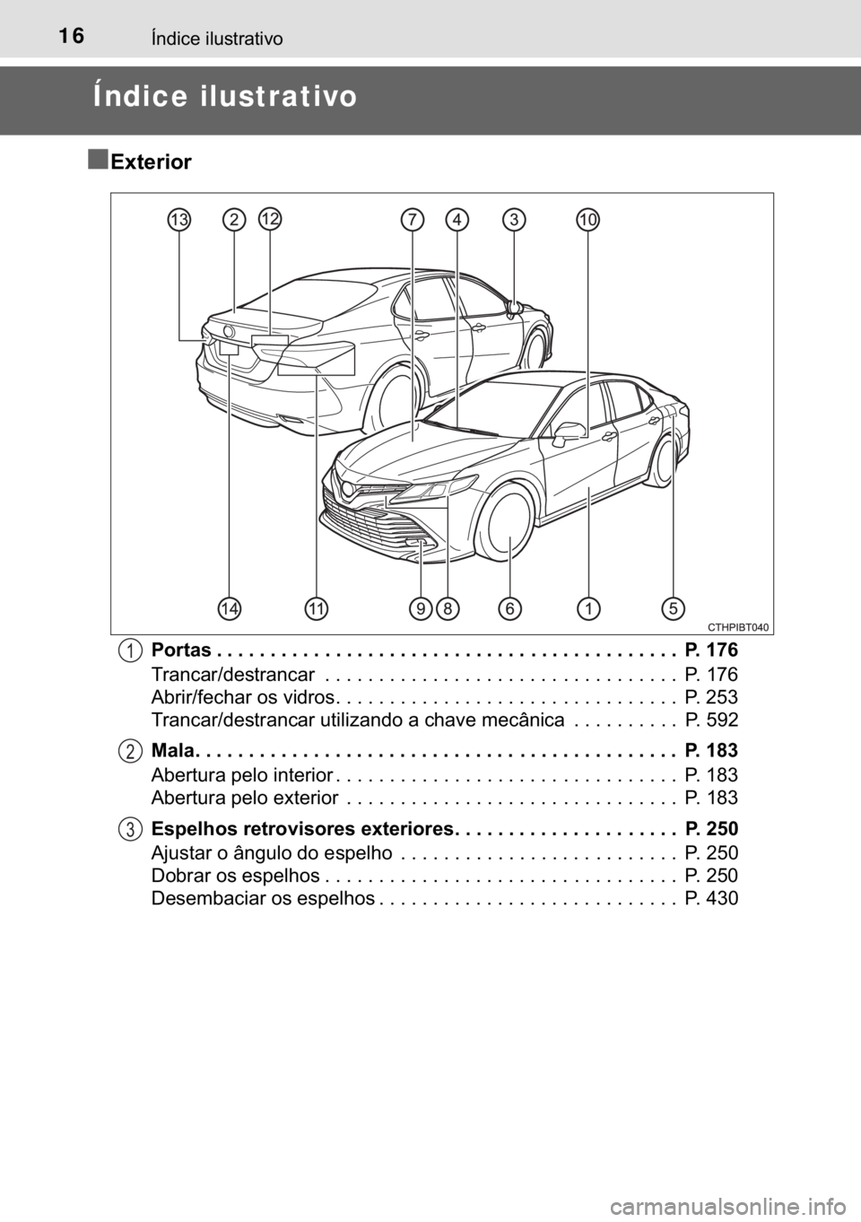 TOYOTA CAMRY 2020  Manual de utilização (in Portuguese) 16�Ë�Q�G�L�F�H��L�O�X�V�W�U�D�W�L�Y�R
Índice ilustrativo
■
�(�[�W�H�U�L�R�U
�3�R�U�W�D�V �����������������������������������������������������