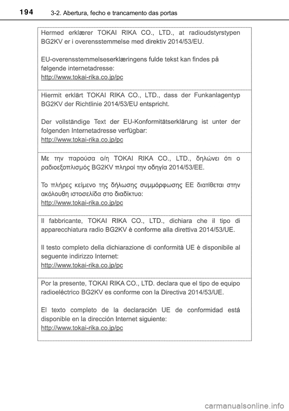 TOYOTA CAMRY 2020  Manual de utilização (in Portuguese) 194������$�E�H�U�W�X�U�D���I�H�F�K�R��H��W�U�D�Q�F�D�P�H�Q�W�R��G�D�V��S�R�U�W�D�V 