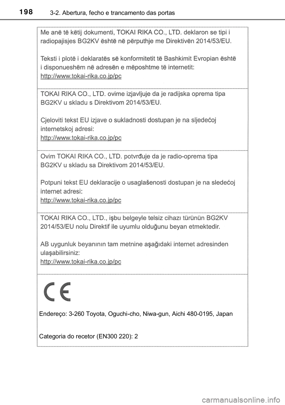TOYOTA CAMRY 2020  Manual de utilização (in Portuguese) 198������$�E�H�U�W�X�U�D���I�H�F�K�R��H��W�U�D�Q�F�D�P�H�Q�W�R��G�D�V��S�R�U�W�D�V
�(�Q�G�H�U�H�o�R���������7�R�\�R�W�D���2�J�X�F�K�L��F�K�R���1�L�Z�D��J�X�Q���$�L�F�K�L��