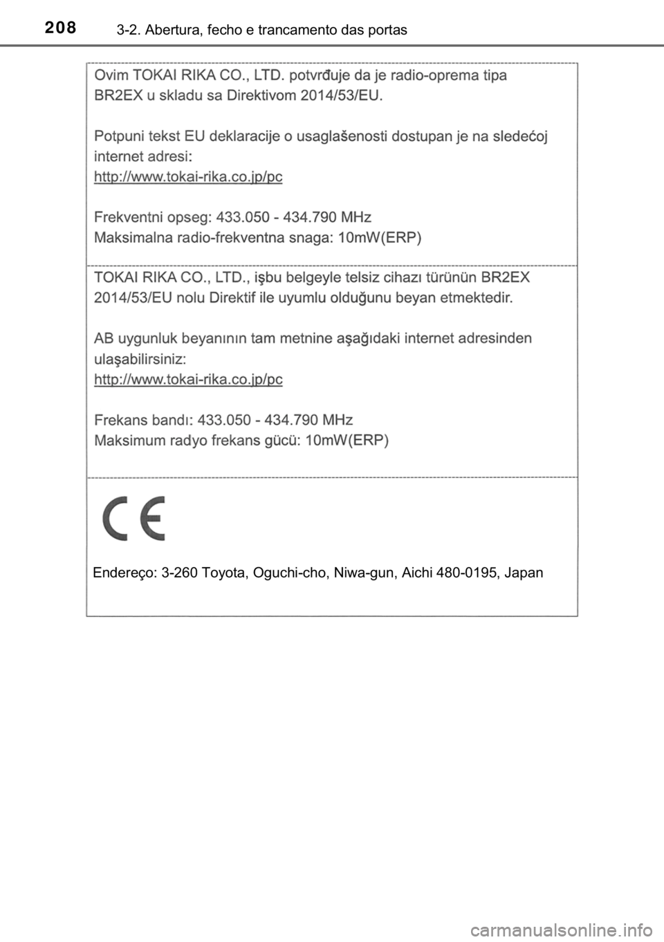 TOYOTA CAMRY 2020  Manual de utilização (in Portuguese) 208������$�E�H�U�W�X�U�D���I�H�F�K�R��H��W�U�D�Q�F�D�P�H�Q�W�R��G�D�V��S�R�U�W�D�V
�(�Q�G�H�U�H�o�R���������7�R�\�R�W�D���2�J�X�F�K�L��F�K�R���1�L�Z�D��J�X�Q���$�L�F�K�L��