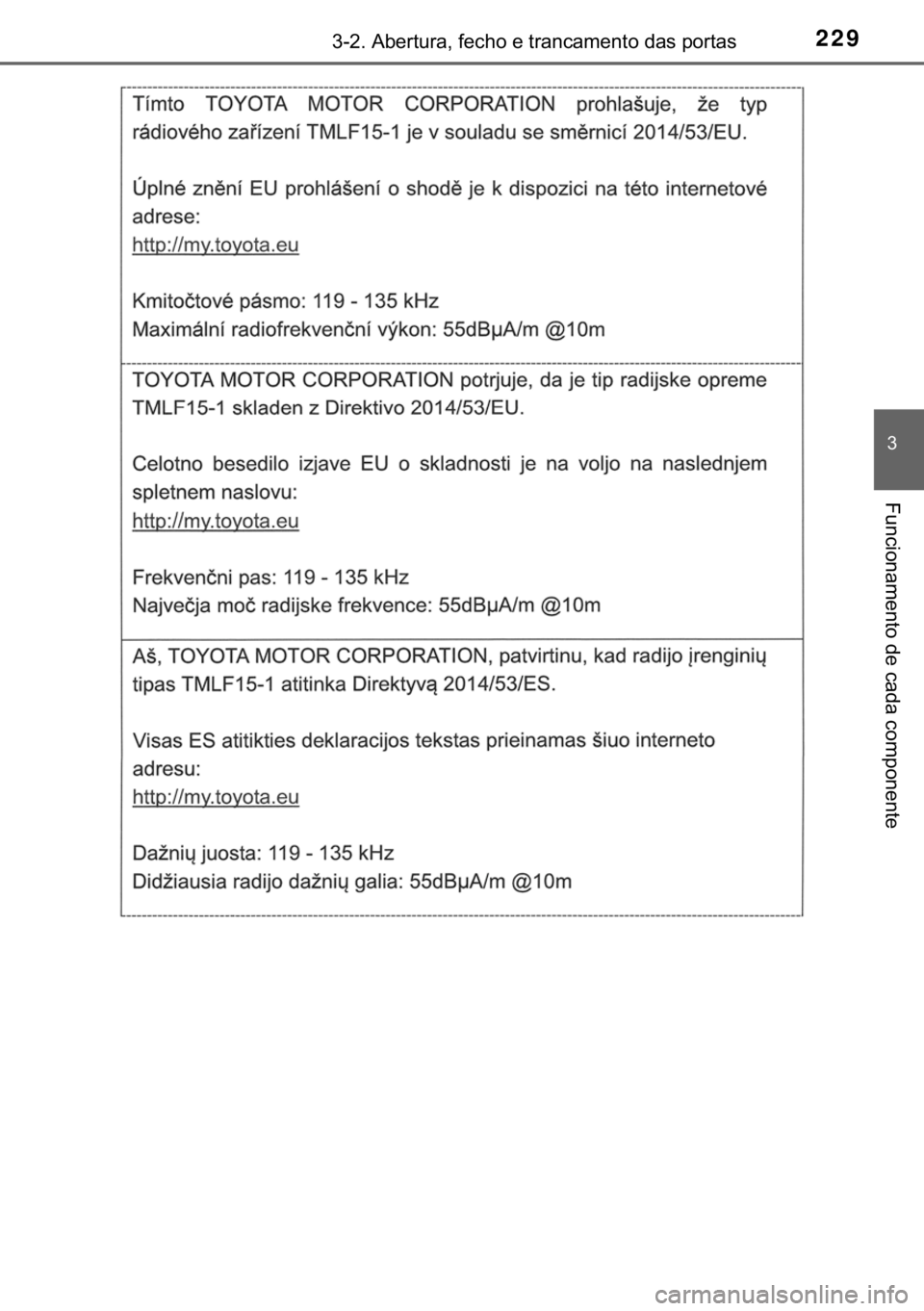 TOYOTA CAMRY 2020  Manual de utilização (in Portuguese) 229������$�E�H�U�W�X�U�D���I�H�F�K�R��H��W�U�D�Q�F�D�P�H�Q�W�R��G�D�V��S�R�U�W�D�V
�
�)�X�Q�F�L�R�Q�D�P�H�Q�W�R��G�H��F�D�G�D��F�R�P�S�R�Q�H�Q�W�H 