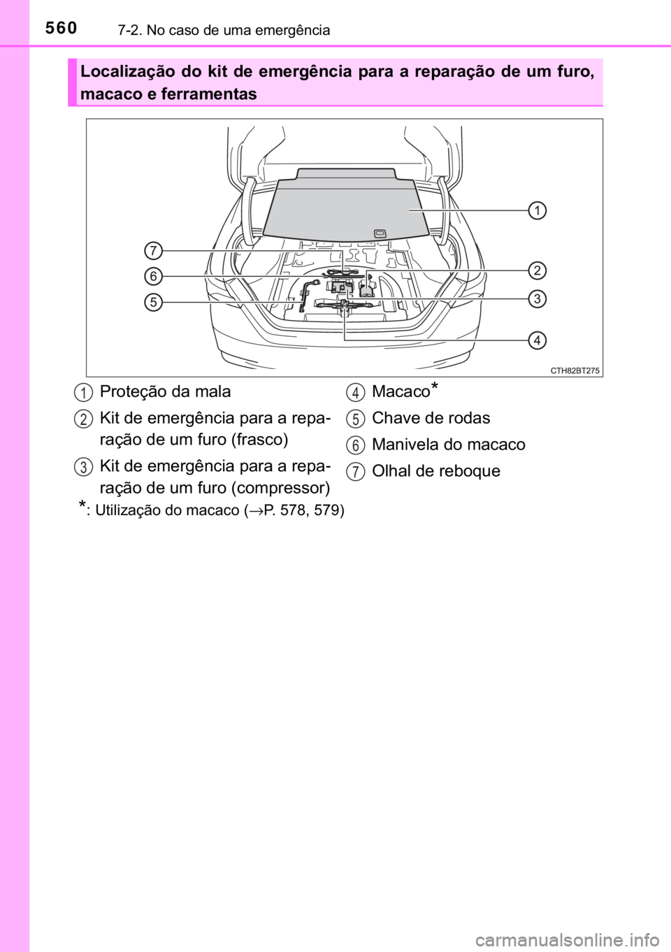 TOYOTA CAMRY 2020  Manual de utilização (in Portuguese) 560������1�R��F�D�V�R��G�H��X�P�D��H�P�H�U�J�r�Q�F�L�D
�
� �8�W�L�O�L�]�D�o�m�R��G�R��P�D�F�D�F�R��→�3�����������
�/�R�F�D�O�L�]�D�o�m�R� �G�R� �N�L�W� �G�H� �H�P�H�U�J�