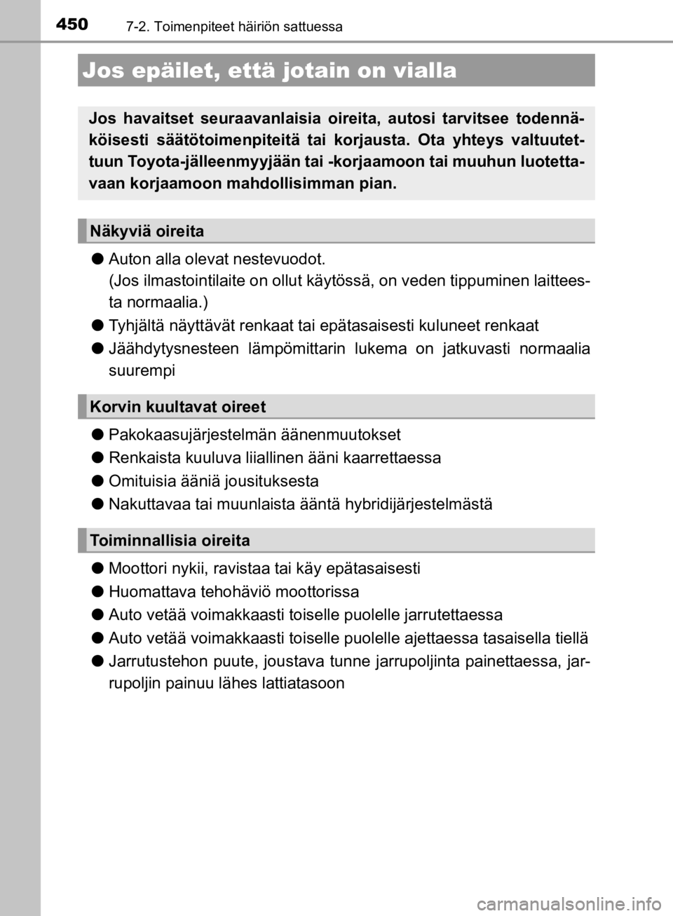 TOYOTA CAMRY 2020  Omistajan Käsikirja (in Finnish) 4507-2. Toimenpiteet häiriön sattuessa
CAMRY_HV_OM33E11FI
lAuton alla olev at nestevuodot. 
(Jos ilmastointilaite on ollut käyt össä, on veden tippuminen laittees-
ta normaalia.)
l Tyhjältä nä