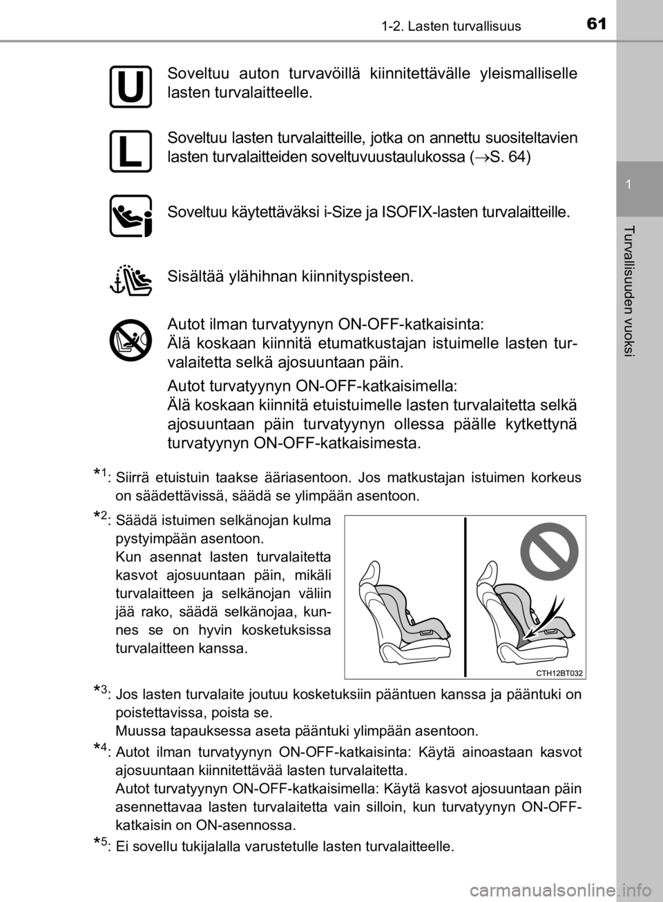 TOYOTA CAMRY 2020  Omistajan Käsikirja (in Finnish) 611-2. Lasten turvallisuus
1
Turvallisuuden vuoksi
CAMRY_HV_OM33E11FI
*1: Siirrä etuistuin taakse ääriasentoon. Jos matkustajan istuimen korkeuson säädettävissä, säädä se ylimpään asentoon