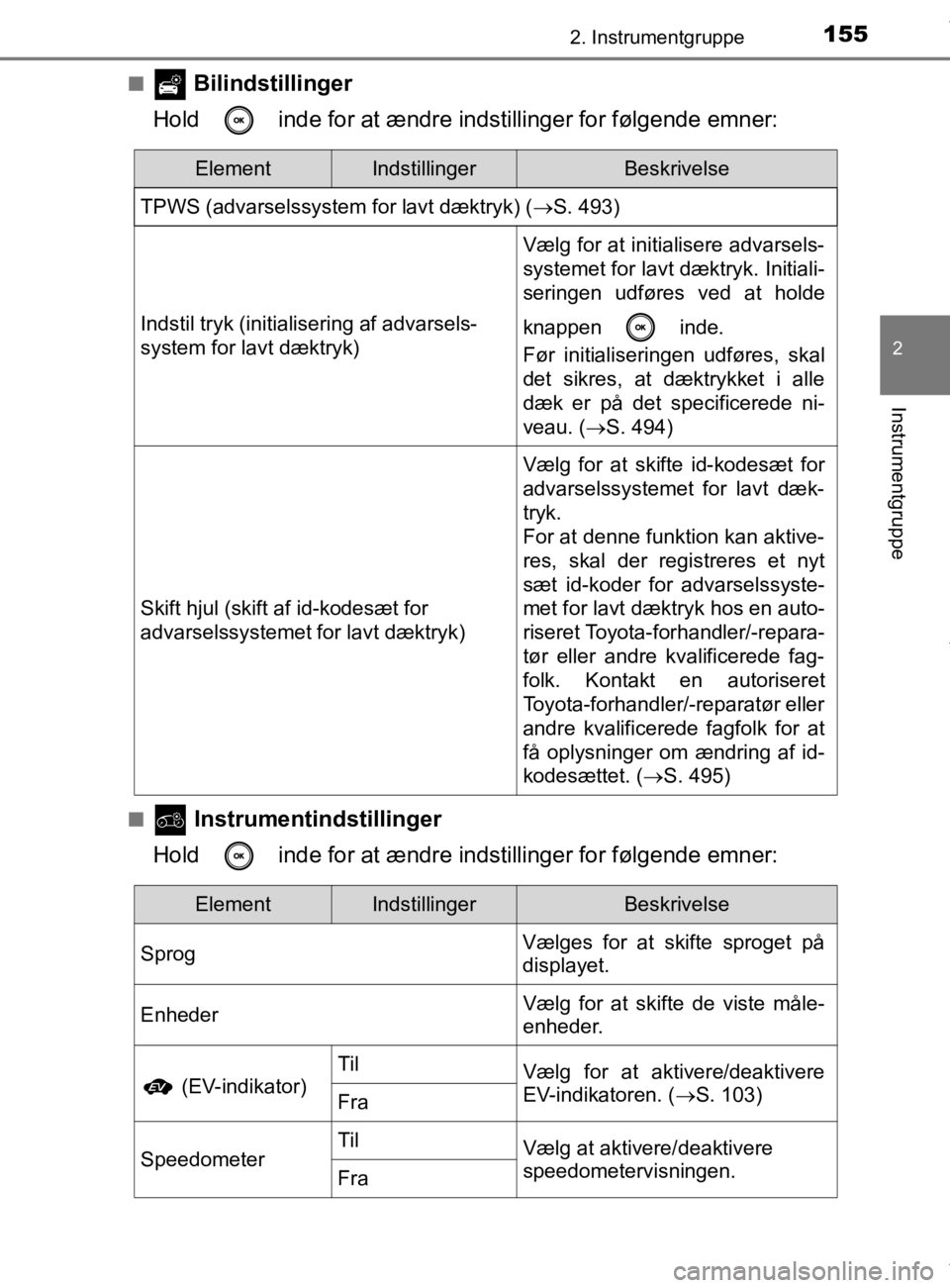 TOYOTA CAMRY 2019 Brugsanvisning (in Danish) 1552. Instrumentgruppe
OM33E11DK
2
Instrumentgruppe
n Bilindstillinger
Hold inde for at ændre i ndstillinger for følgende emner:
n Instrumentindstillinger
Hold inde for at ændre i ndstillinger TOYOTA CAMRY 2019 Brugsanvisning (in Danish) 1552. Instrumentgruppe
OM33E11DK
2
Instrumentgruppe
n Bilindstillinger
Hold inde for at ændre i ndstillinger for følgende emner:
n Instrumentindstillinger
Hold inde for at ændre i ndstillinger