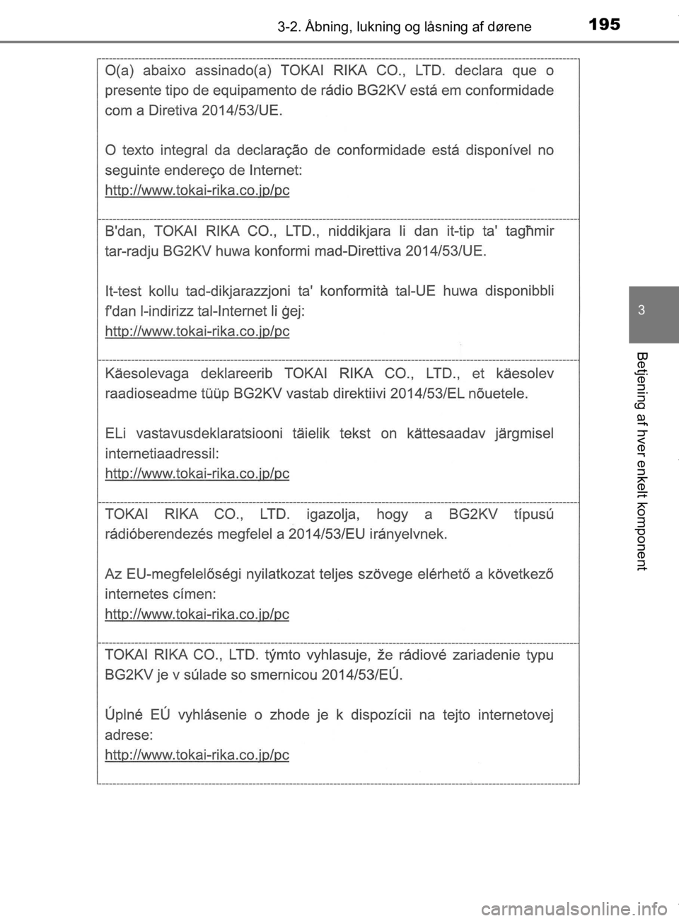 TOYOTA CAMRY 2019  Brugsanvisning (in Danish) 1953-2. Åbning, lukning og låsning af dørene
OM33E11DK
3
Betjening af hver enkelt komponent
OM33E11DK.book  Page 195  Monday, March 9, 2020  1:49 PM 