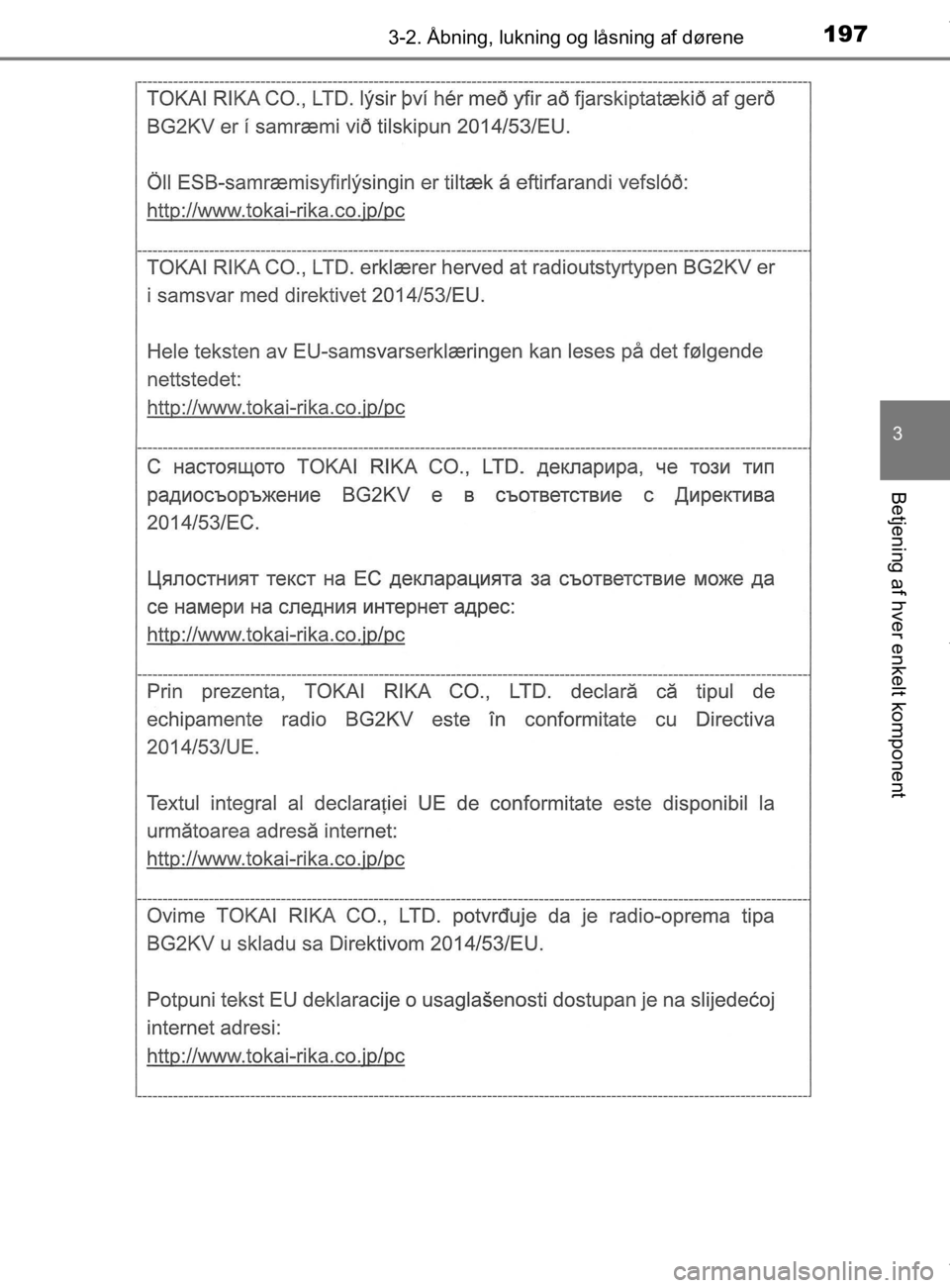 TOYOTA CAMRY 2019  Brugsanvisning (in Danish) 1973-2. Åbning, lukning og låsning af dørene
OM33E11DK
3
Betjening af hver enkelt komponent
OM33E11DK.book  Page 197  Monday, March 9, 2020  1:49 PM 