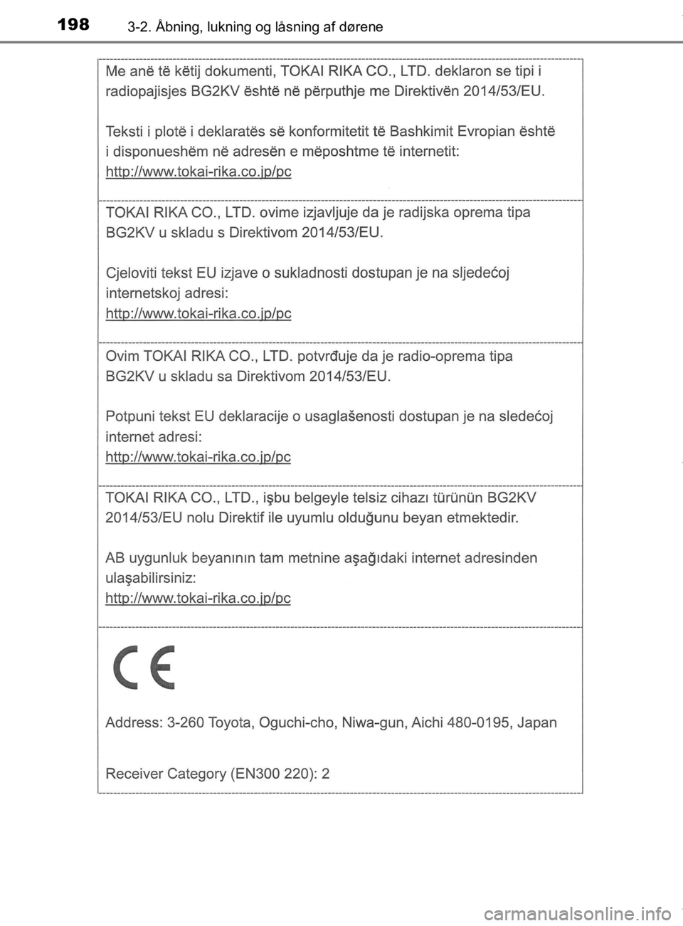 TOYOTA CAMRY 2019  Brugsanvisning (in Danish) 1983-2. Åbning, lukning og låsning af dørene
OM33E11DK
OM33E11DK.book  Page 198  Monday, March 9, 2020  1:49 PM 