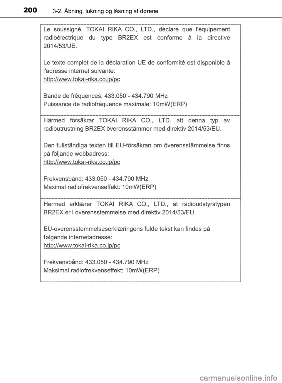 TOYOTA CAMRY 2019  Brugsanvisning (in Danish) 2003-2. Åbning, lukning og låsning af dørene
OM33E11DK
OM33E11DK.book  Page 200  Monday, March 9, 2020  1:49 PM 