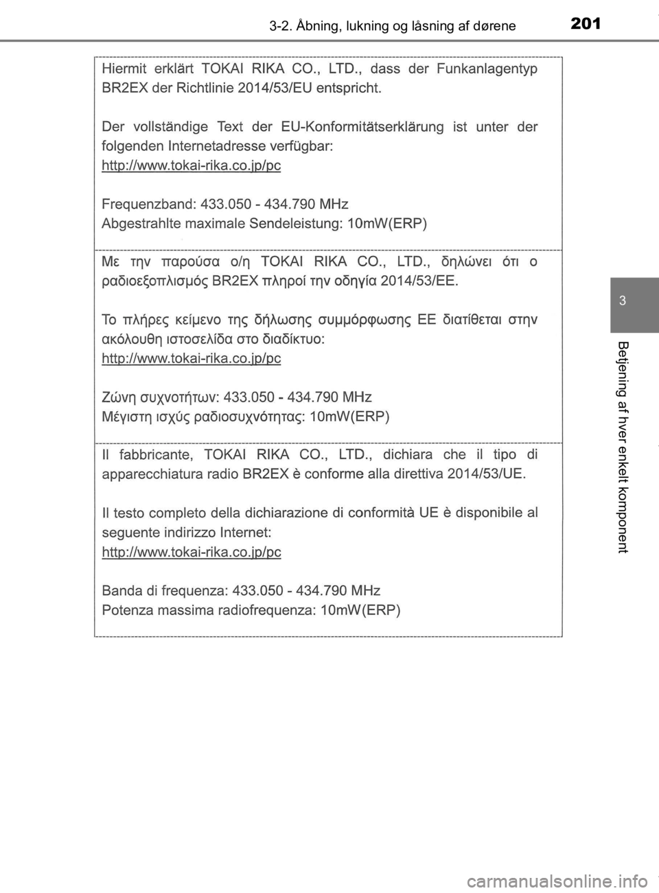 TOYOTA CAMRY 2019  Brugsanvisning (in Danish) 2013-2. Åbning, lukning og låsning af dørene
OM33E11DK
3
Betjening af hver enkelt komponent
OM33E11DK.book  Page 201  Monday, March 9, 2020  1:49 PM 